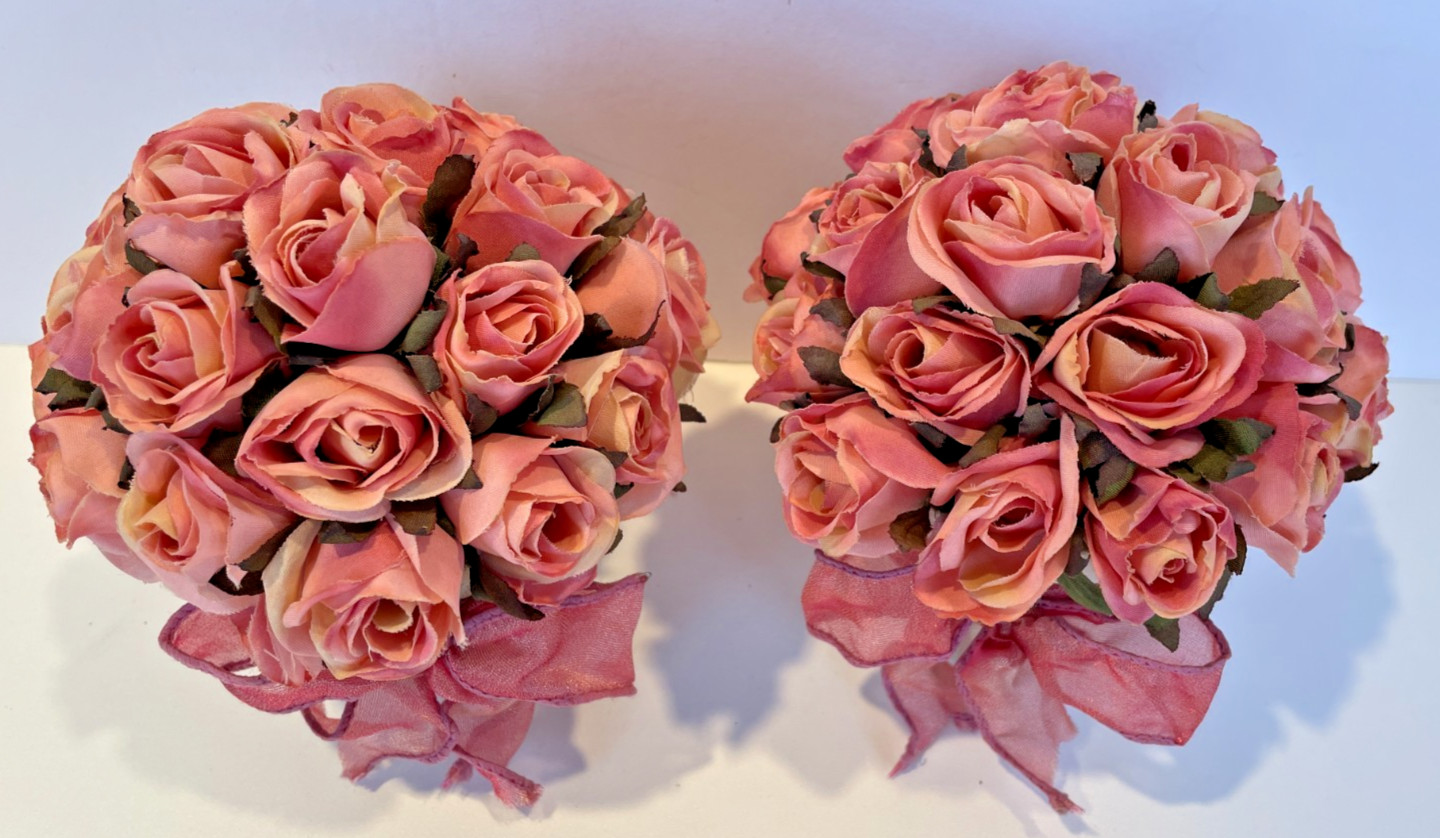 Beautiful Set of 2-Silk Pink Roses in Faux Clay Pots Home Accessory Decor