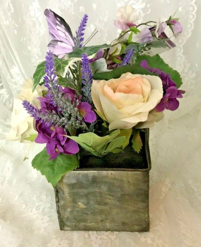 Beautiful Faux Flower Arrangement in Old Metal Drawer Approx 10″ x 8″ x 8″ NWT