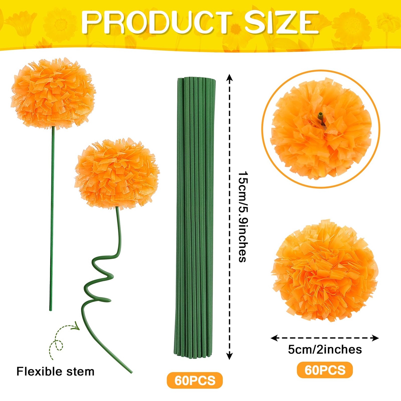 Cabezas flores caléndula de Diwali con tallos, flores de caléndula artificiales.
