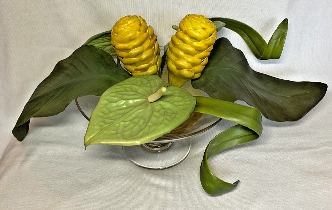 Artificial Tropical Flower Arrangement in Glass Vase With Faux Water YELLOW NWT