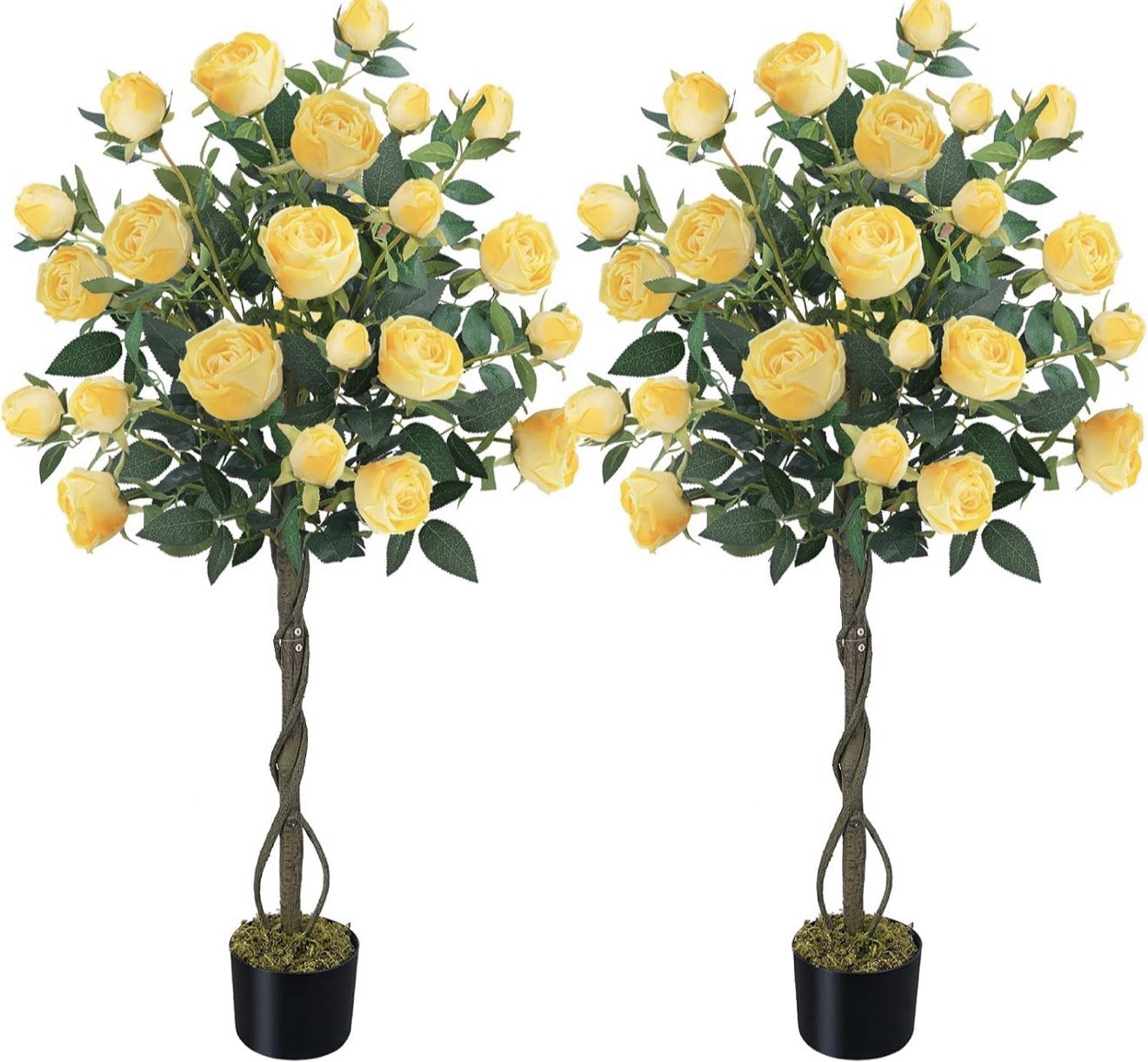 Artificial Yellow Rose Floral Topiary Tree in Pot Set of 2, Green Leaves