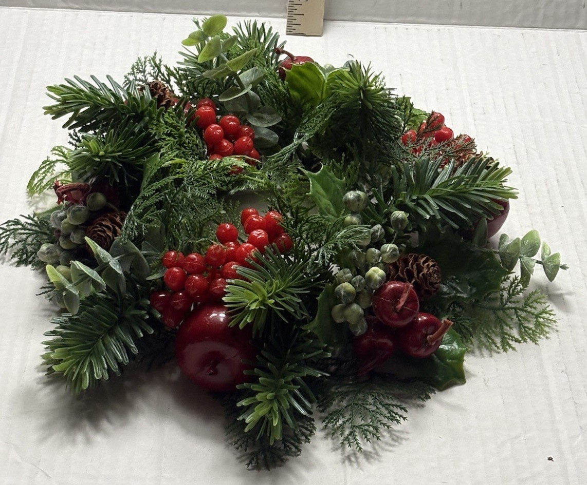 Christmas Candle Ring Wreath Faux Pine Apples Berries Centerpiece Decor