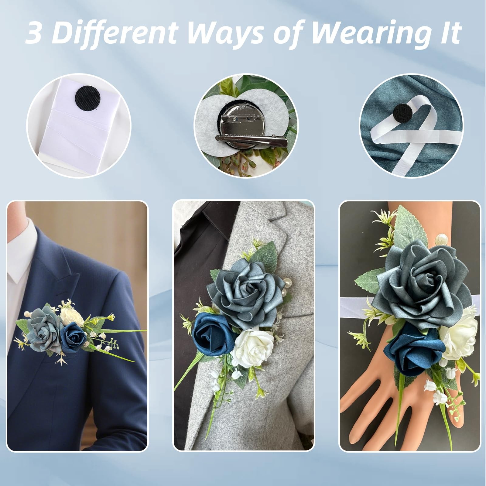 Pocket Boutonniere Men Dusty Blue Rose Flowers Groom Wedding Prom Party