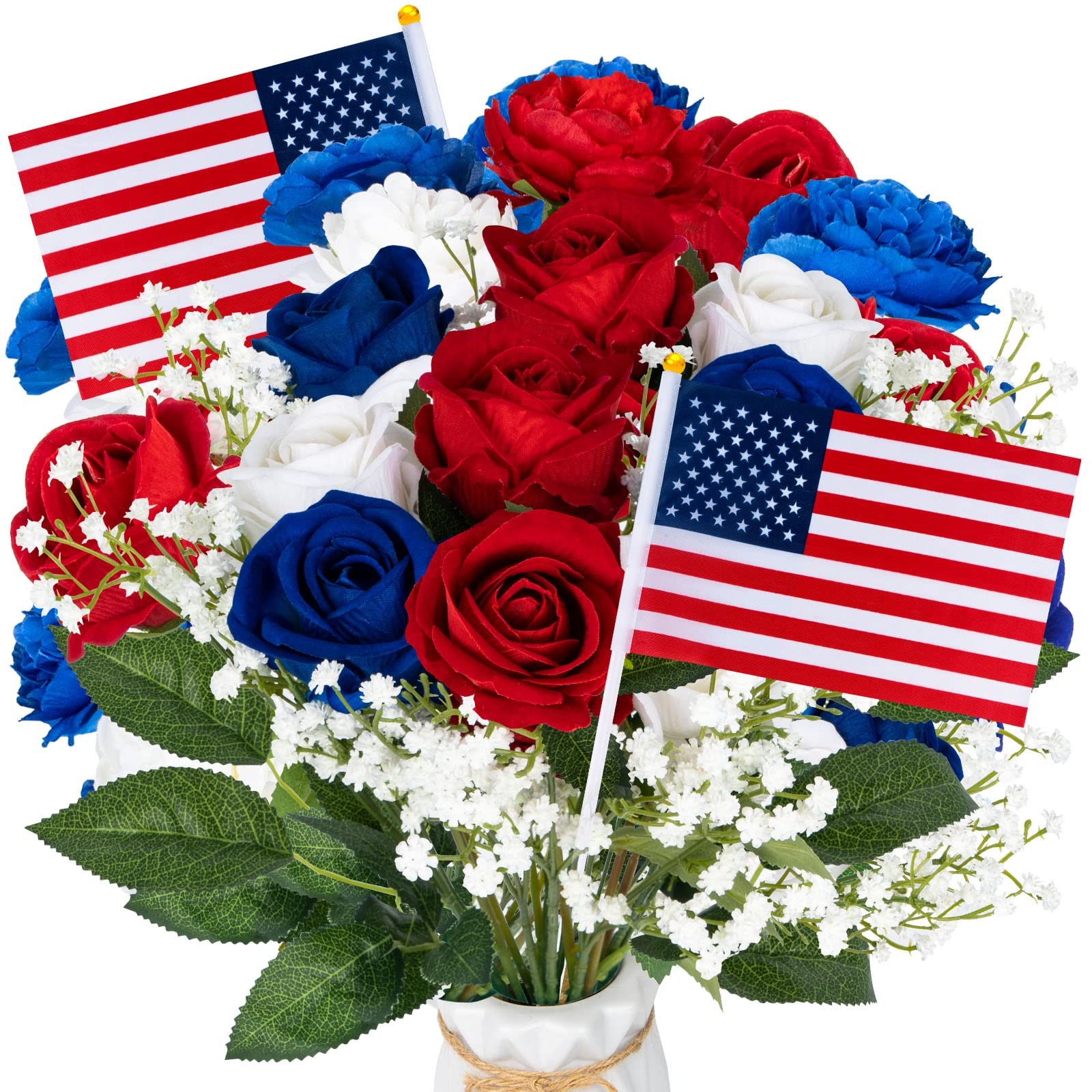 28 Pcs Red White and Blue Flowers, Patriotic Memorial Bouquet Atificial Flowe…