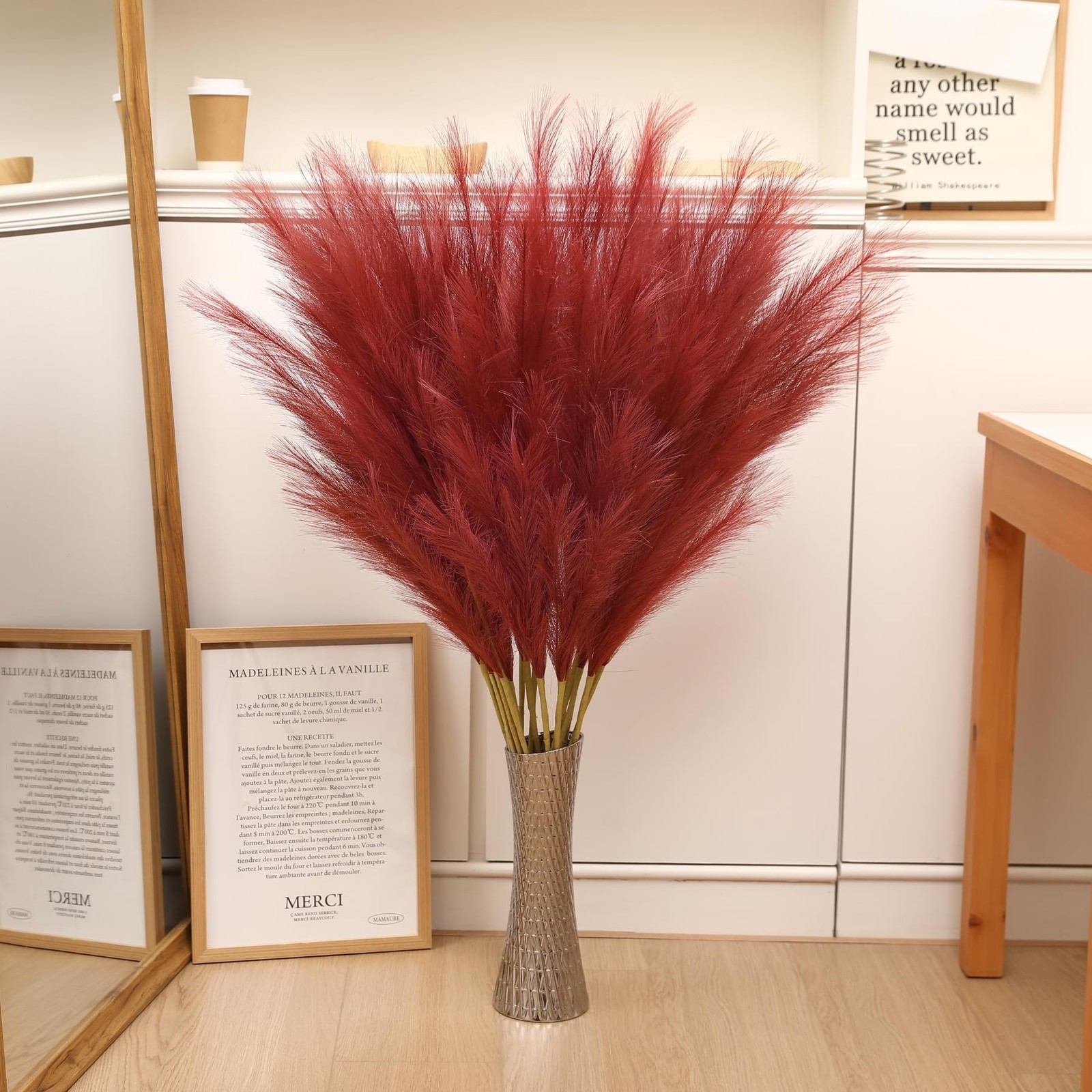 8 PCS Burgundy Pampas Grass Decor 45 Inch Tall Faux Pompous Artificial Vase