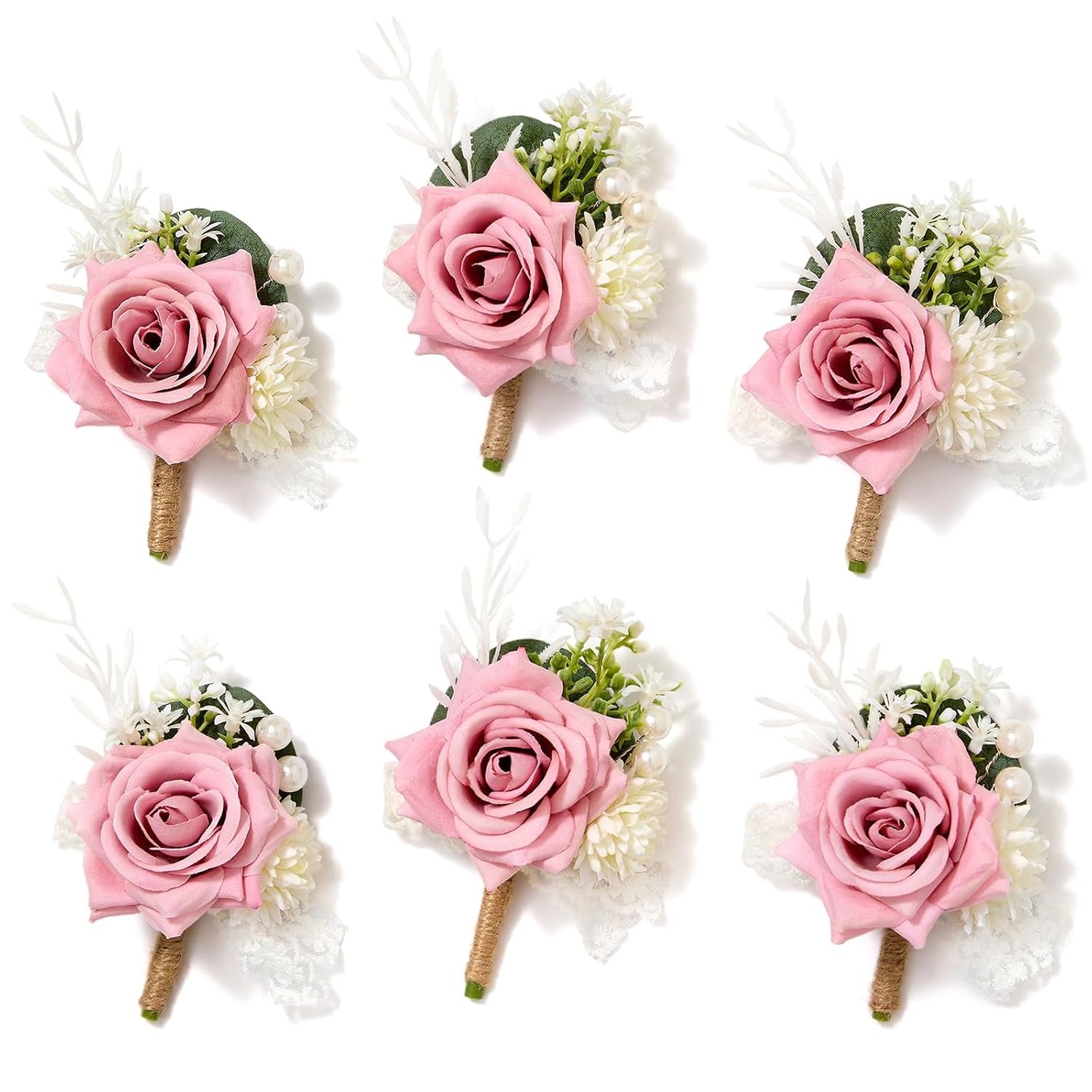 Pink Men’s Wedding Boutonnieres 6pc Set of Groomsmen Boutonniere