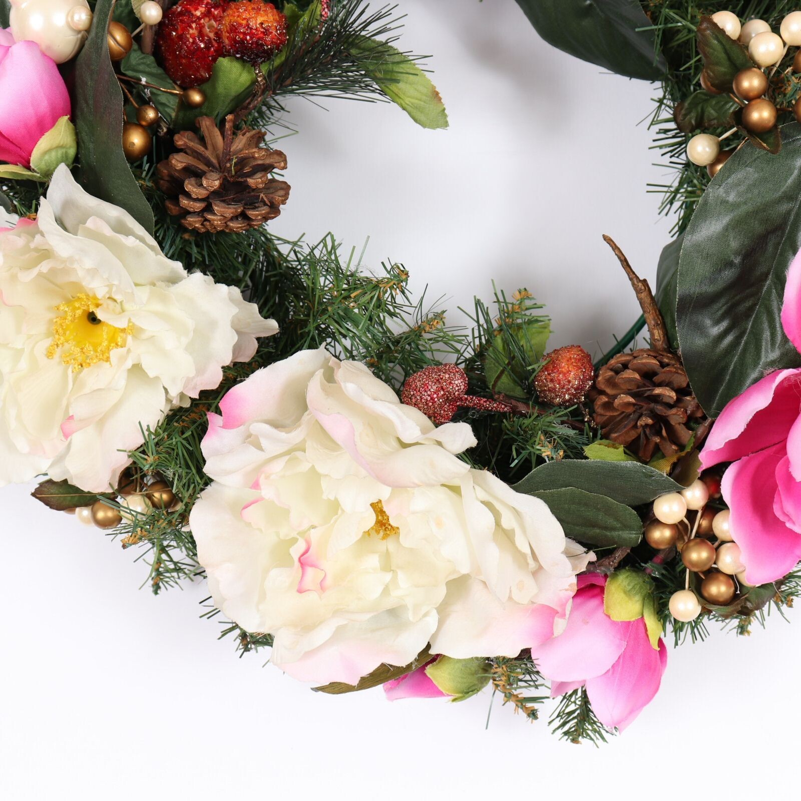 Christmas Holiday Wreath in Pinks and White with Pearls and Gold Balls #2