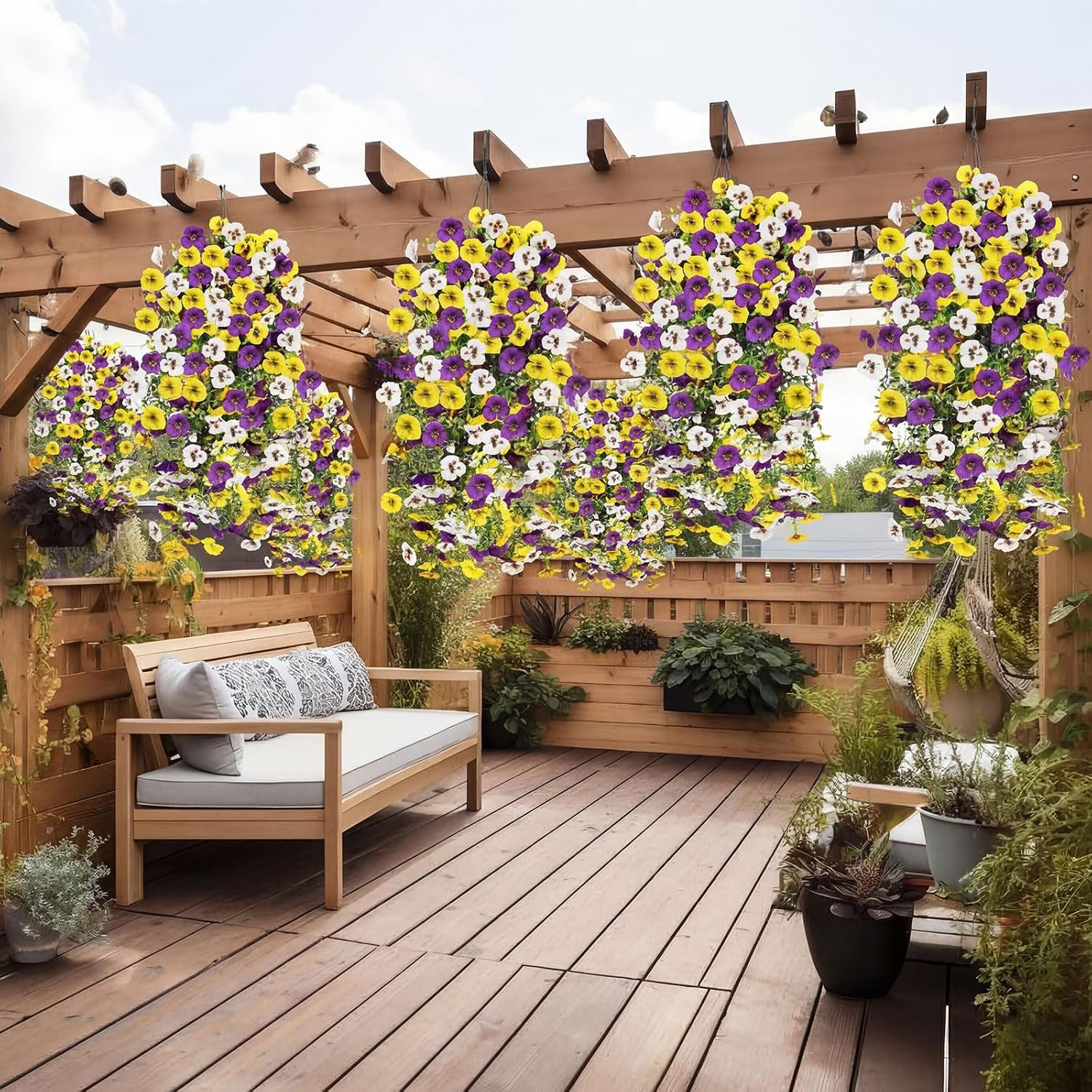 8 Pcs UV Resistant Hanging Pansy Flowers for Outdoor Spring Decor