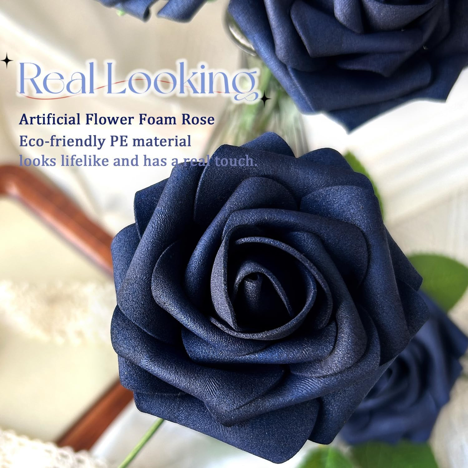 25pcs Navy Blue Artificial Flowers Decorations, Real Touch Foam Fake Rose wit…