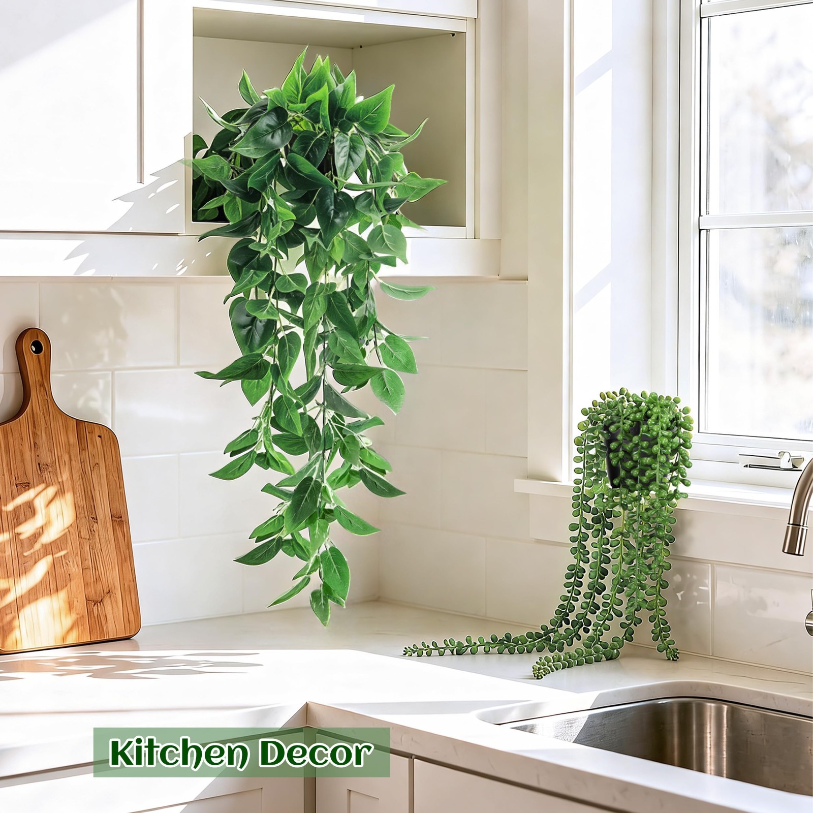 4Pcs Artificial Hanging Plants – Ivy Vine, Eucalyptus, Boston Fern & Pearls – Bo