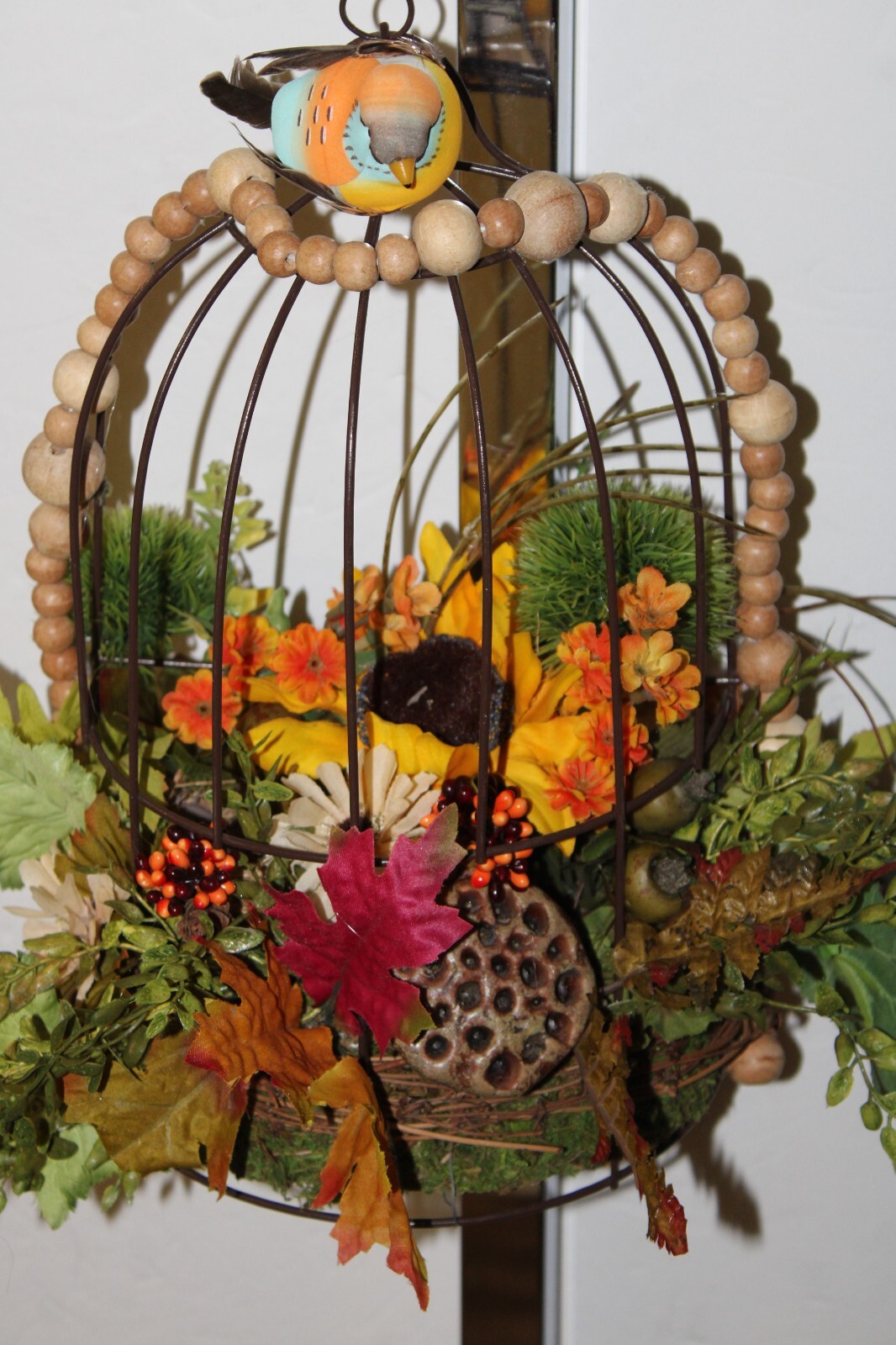 FALL AUTUMN FLOWER ARRANGEMENT BIRD CAGE CENTERPIECE 15”