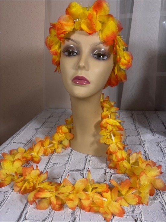 Matching Set of Hawaiian Artificial Flowers Lei and Crown Yellow Orange