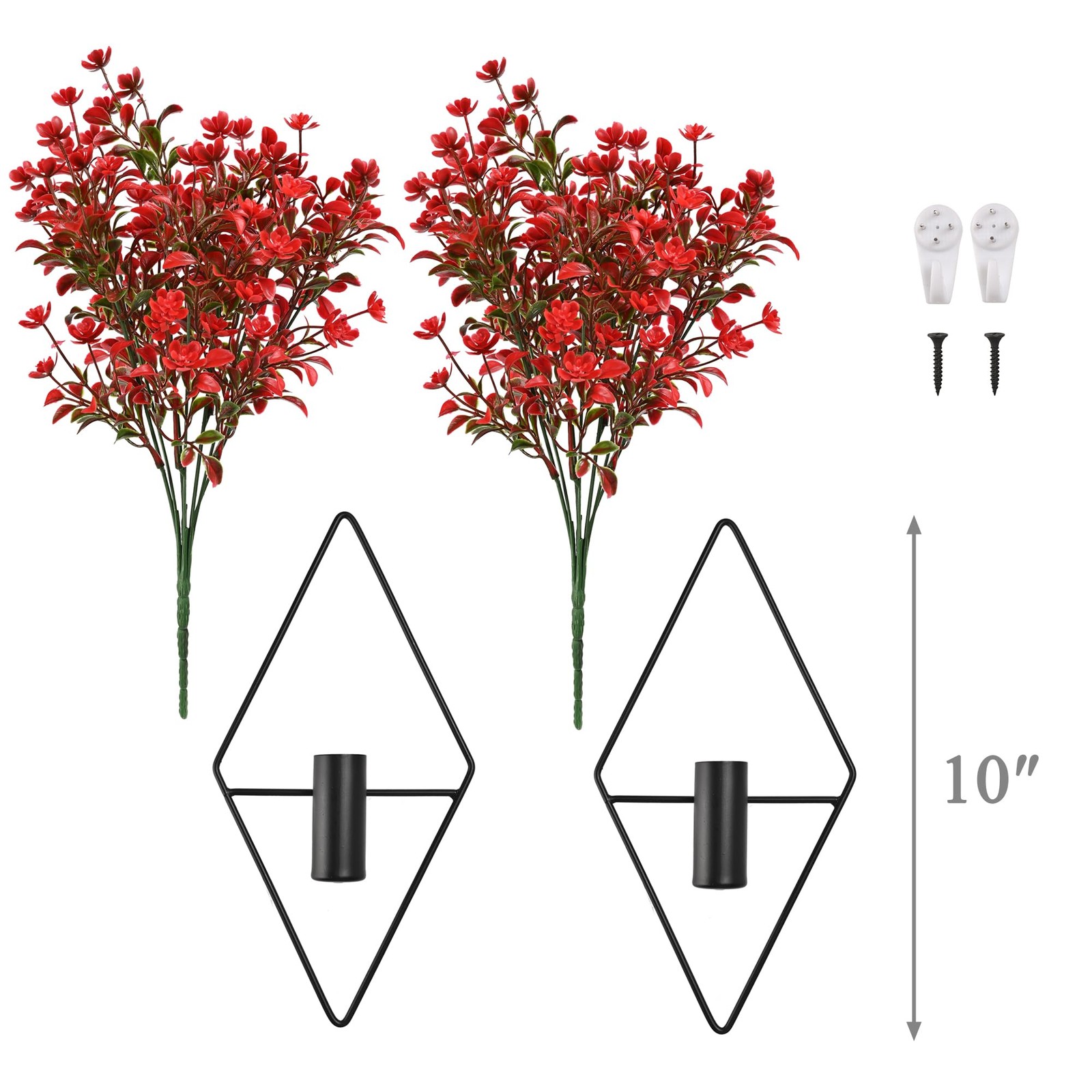 Plant Wall Decor with Red Artificial Flowers in Diamond Hanging Vase Set of 2…