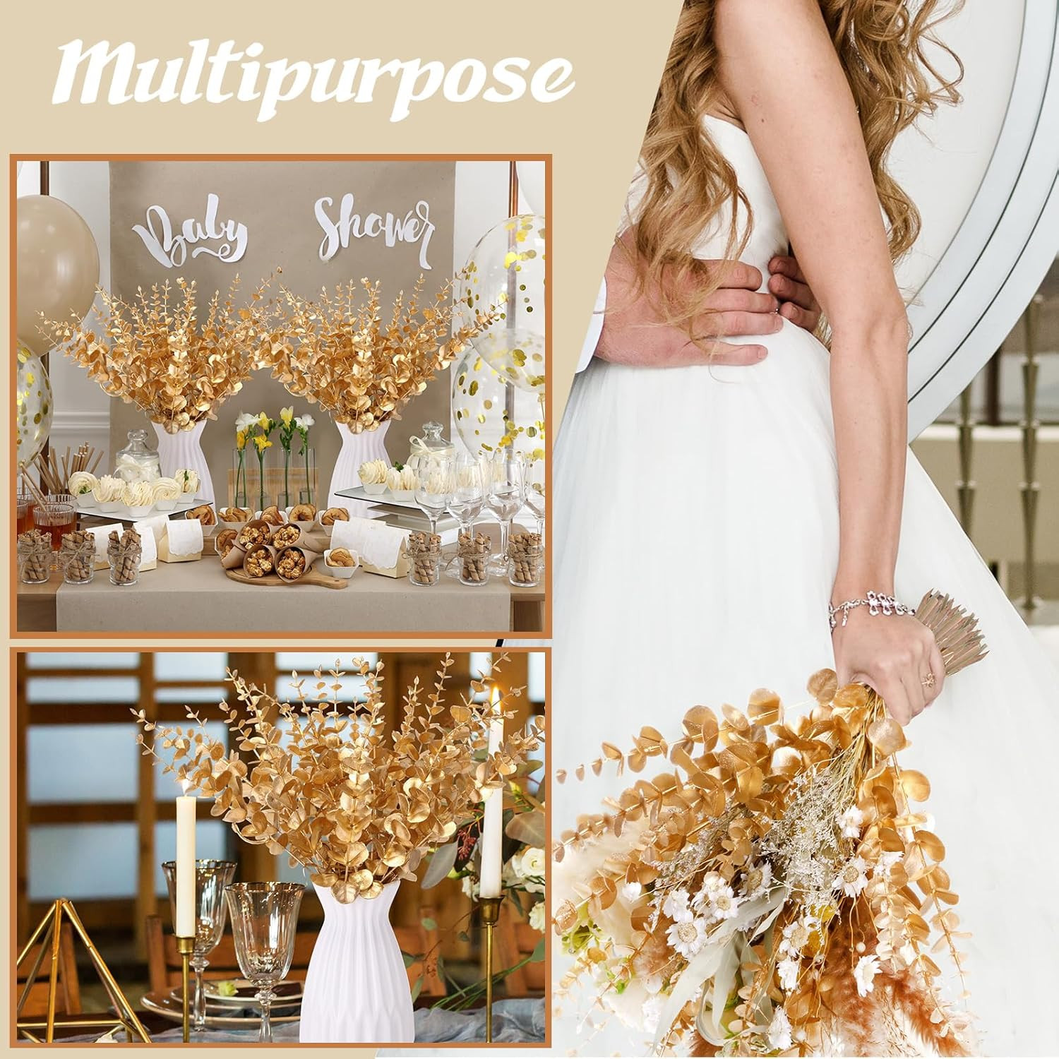 200Pcs Gold Eucalyptus Stems – 15In Decor for Home & Wedding Centerpieces