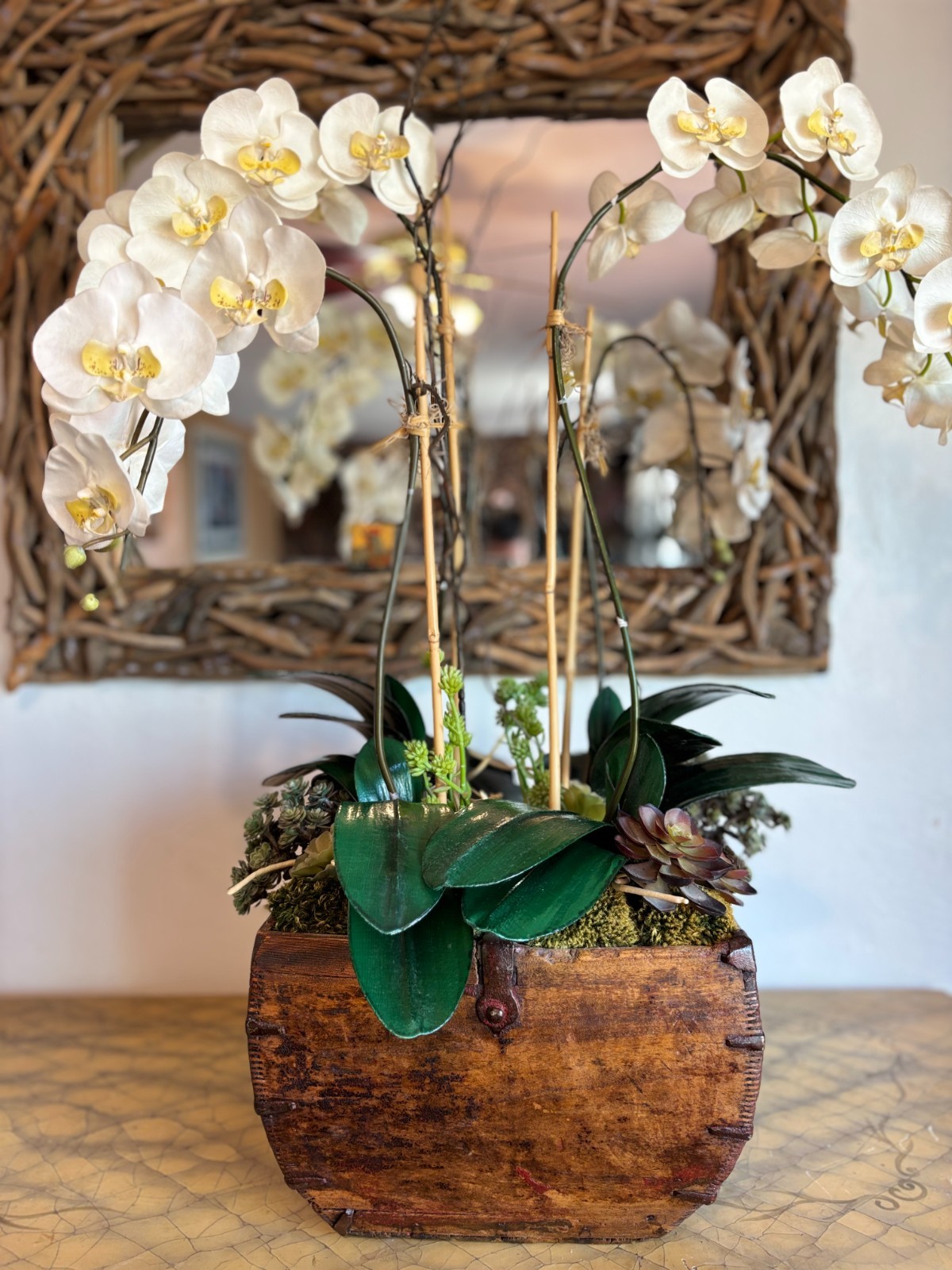 White Orchid Succulent Moss Faux Plant Arrangement