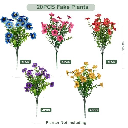 Artificial Flowers for Outdoor, UV Resistant 20 Yellow Purple Rosy Red Blue