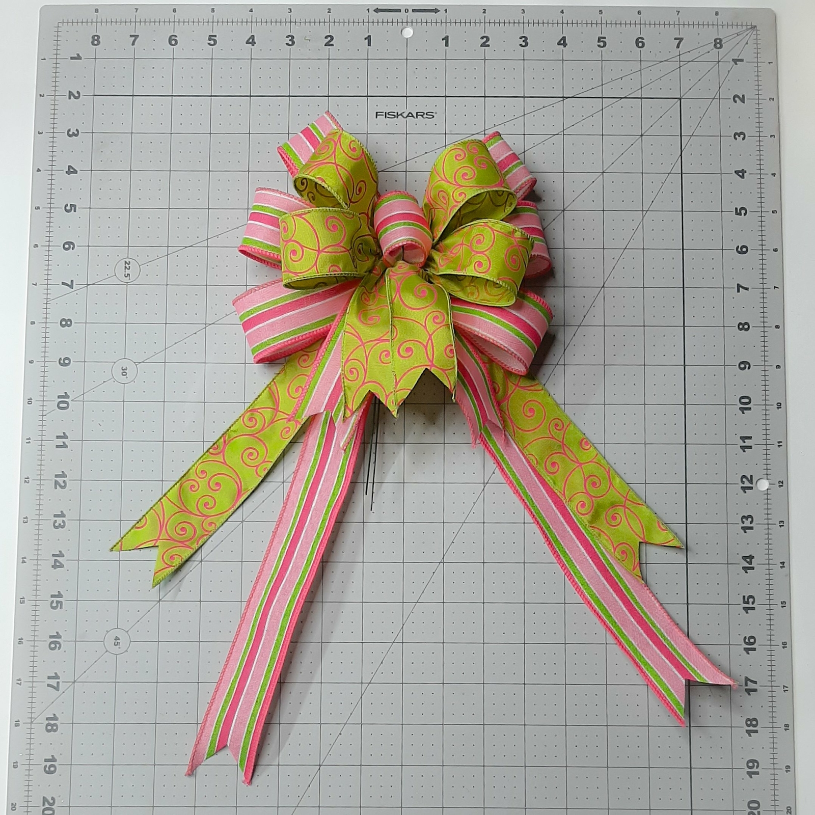 Spring Bow, Wreath Bow, Green, Pink Swirl Print, Pink Stripes