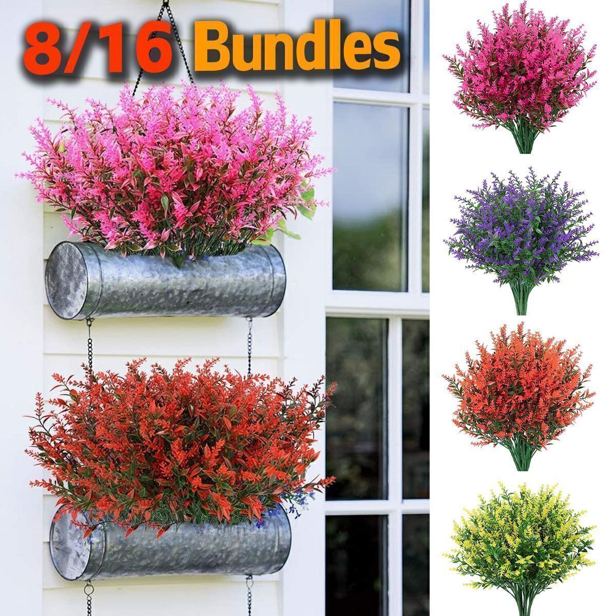 8/16 Bundles Outdoor Artificial Lavender Fake Flowers UV Resistant Shrubs Plants