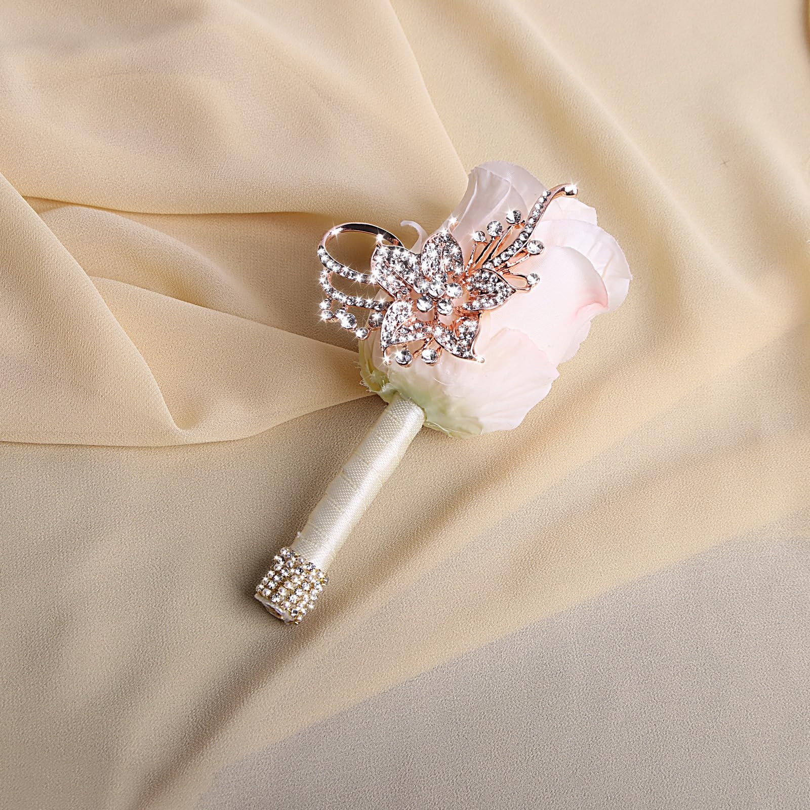 Bling Boutonniere Men Wedding Pocket Pins Groom Suit Artificial Rose Ivory