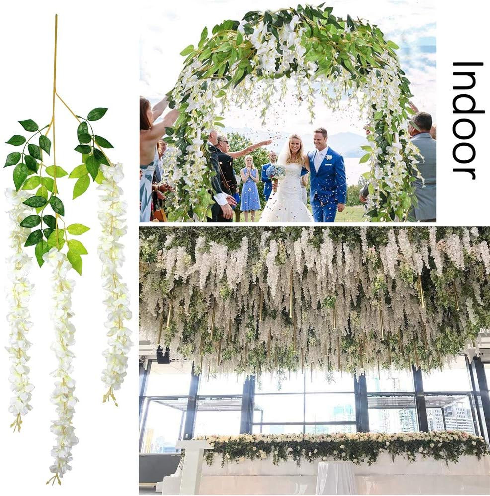 12Pcs Artificial Wisteria Flowers 3.6 Feet/Piece White Dense Artificial Fake Wis