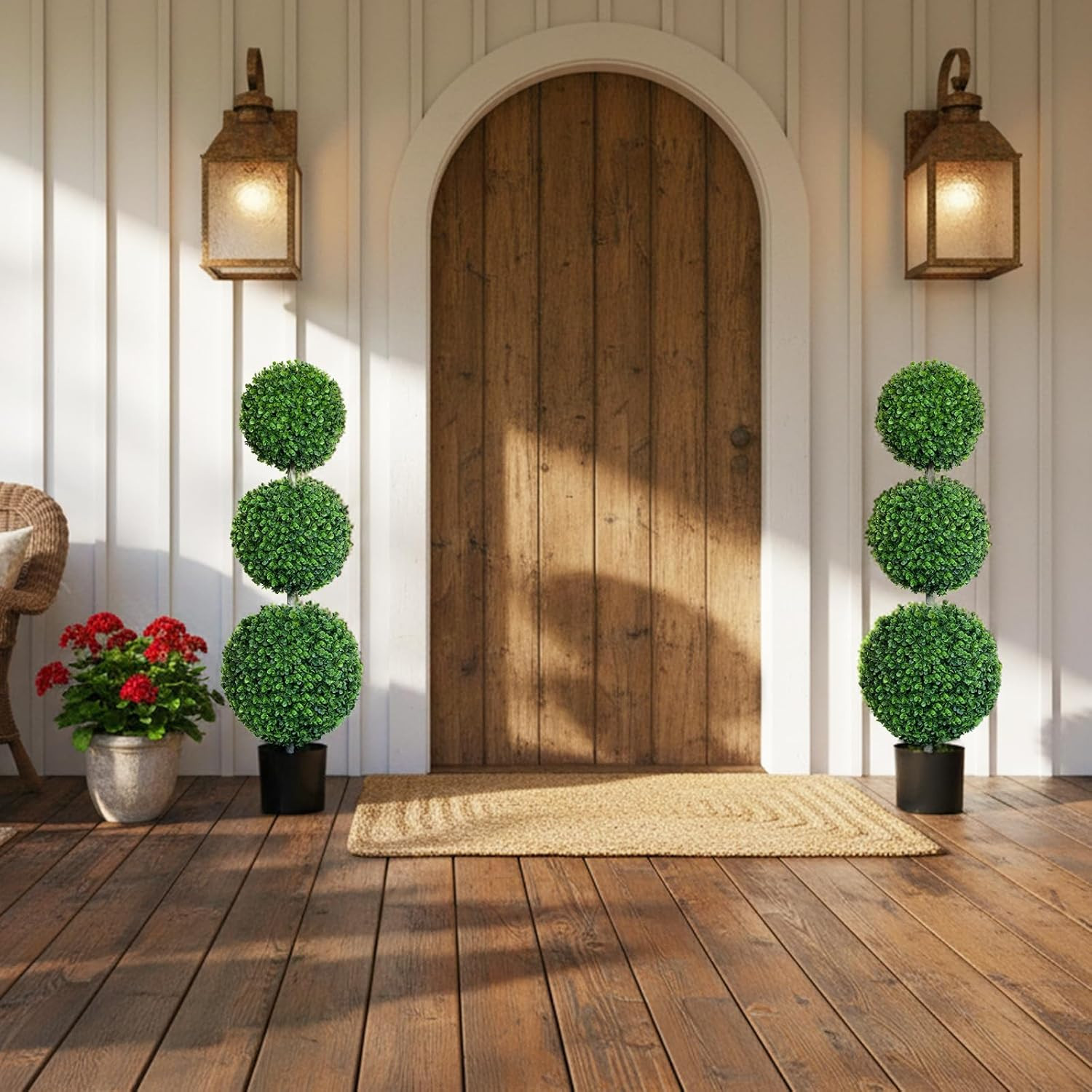 4ft Triple Ball Boxwood Topiary Tree with Black Planter – Indoor/Outdoor Décor