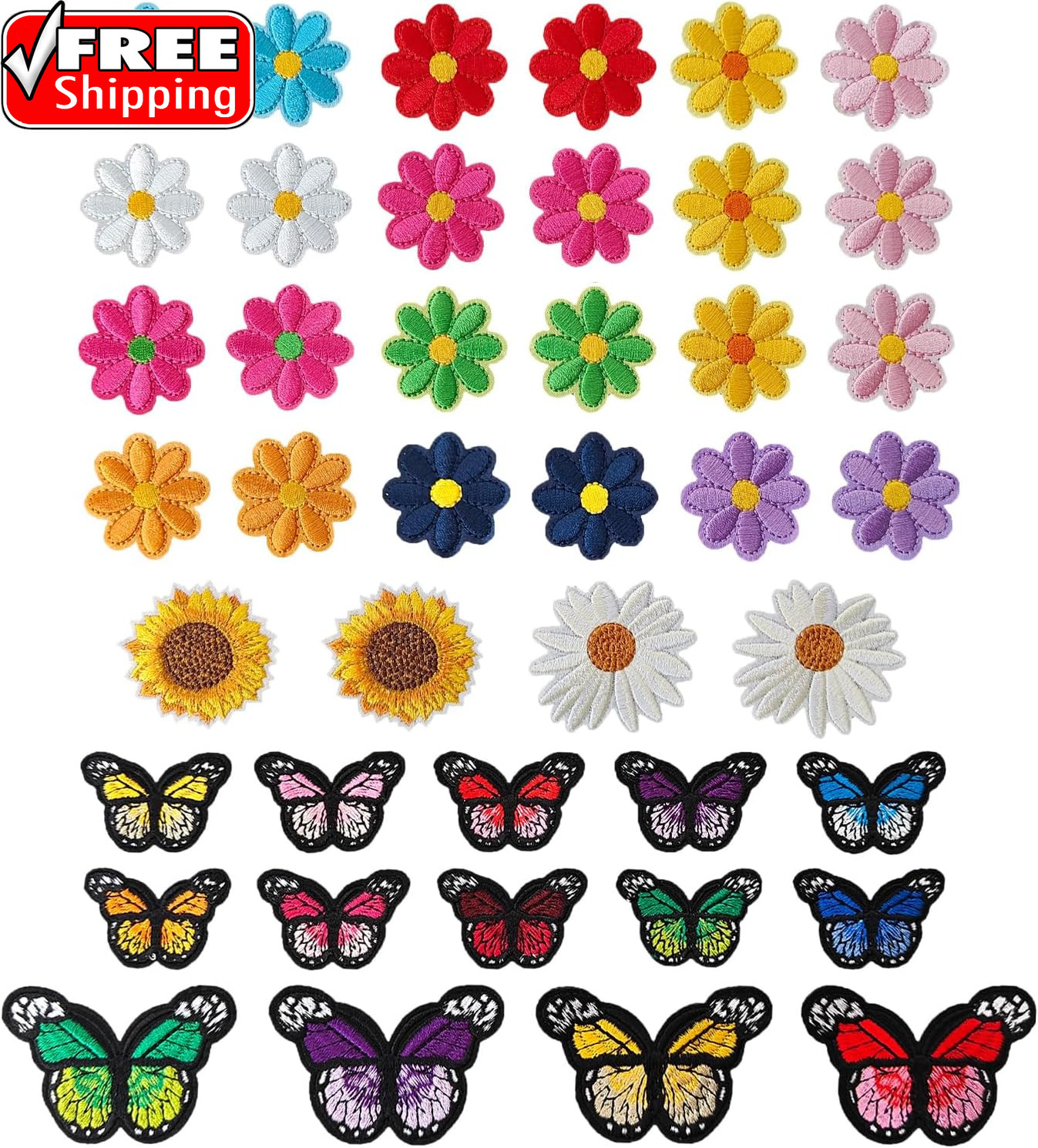 42PCS Flower & Butterfly Iron on Patches, Sew on Embroidered Applique Flower & B
