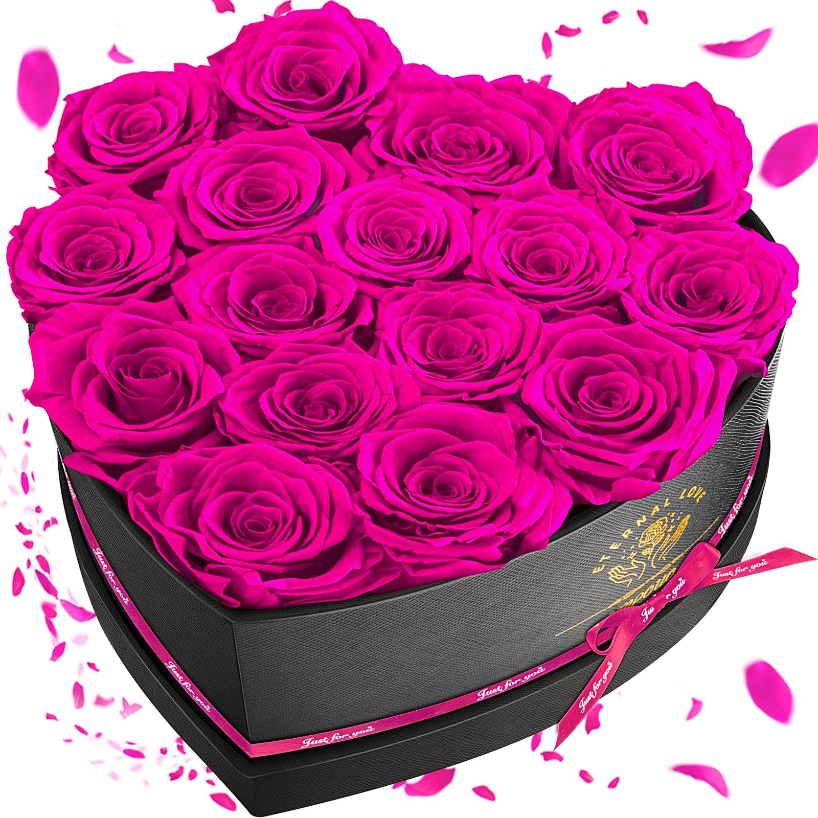 16 PCS Pink Preserved Roses Heart Shape Box Real Flowers Valentine Gift Decor