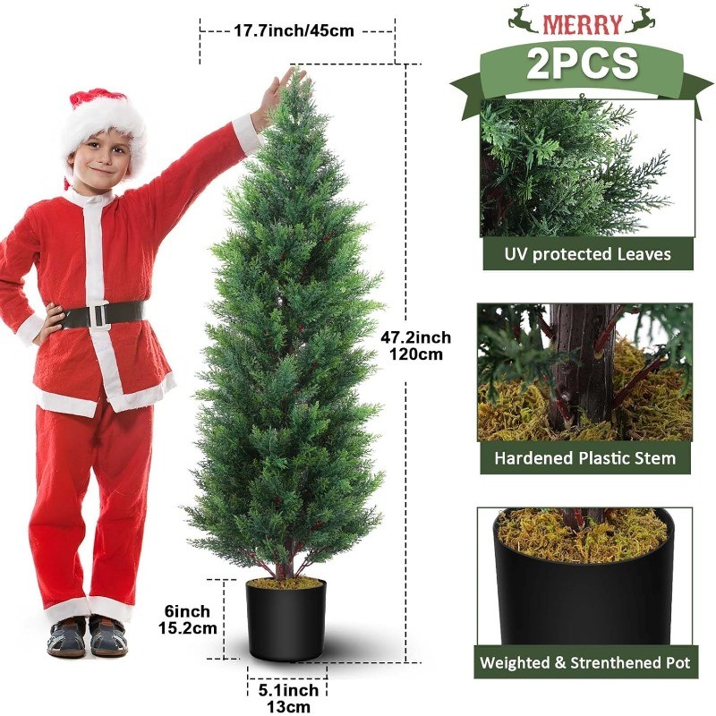 2 Pcs 4 Ft Artificial Topiary Cedar Trees, Outdoor Faux Pine Shrubs
