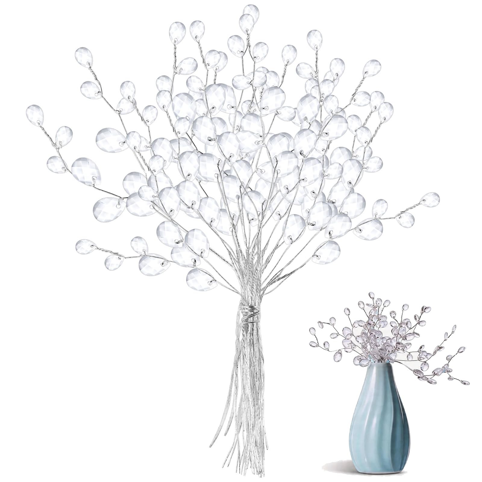 50 PCS Crystal Floral Picks Branches Acrylic Bead Drop Bouquet 6.69″