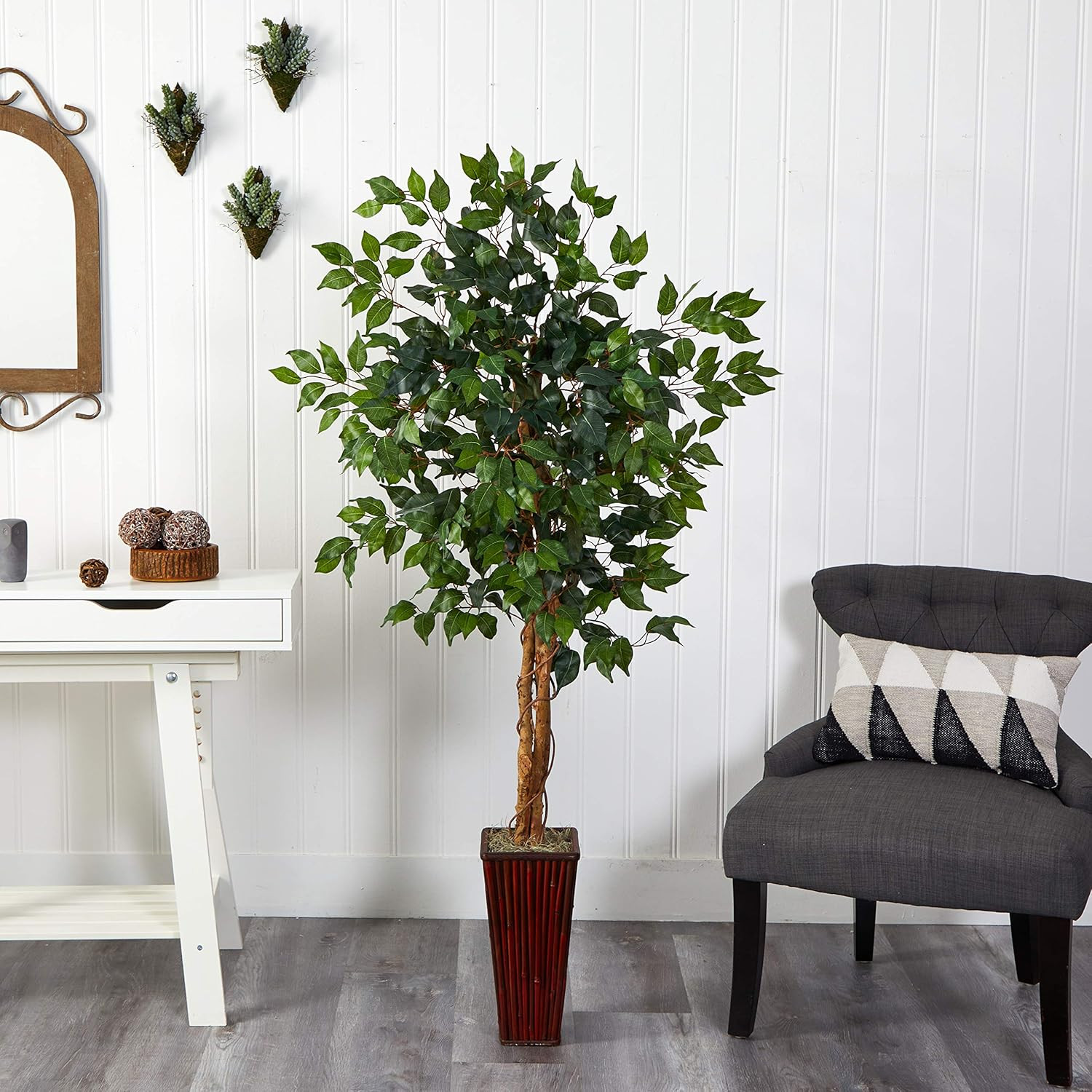 Lifelike 5.5Ft Ficus Tree in Elegant Bamboo Planter – Perfect for Any Space