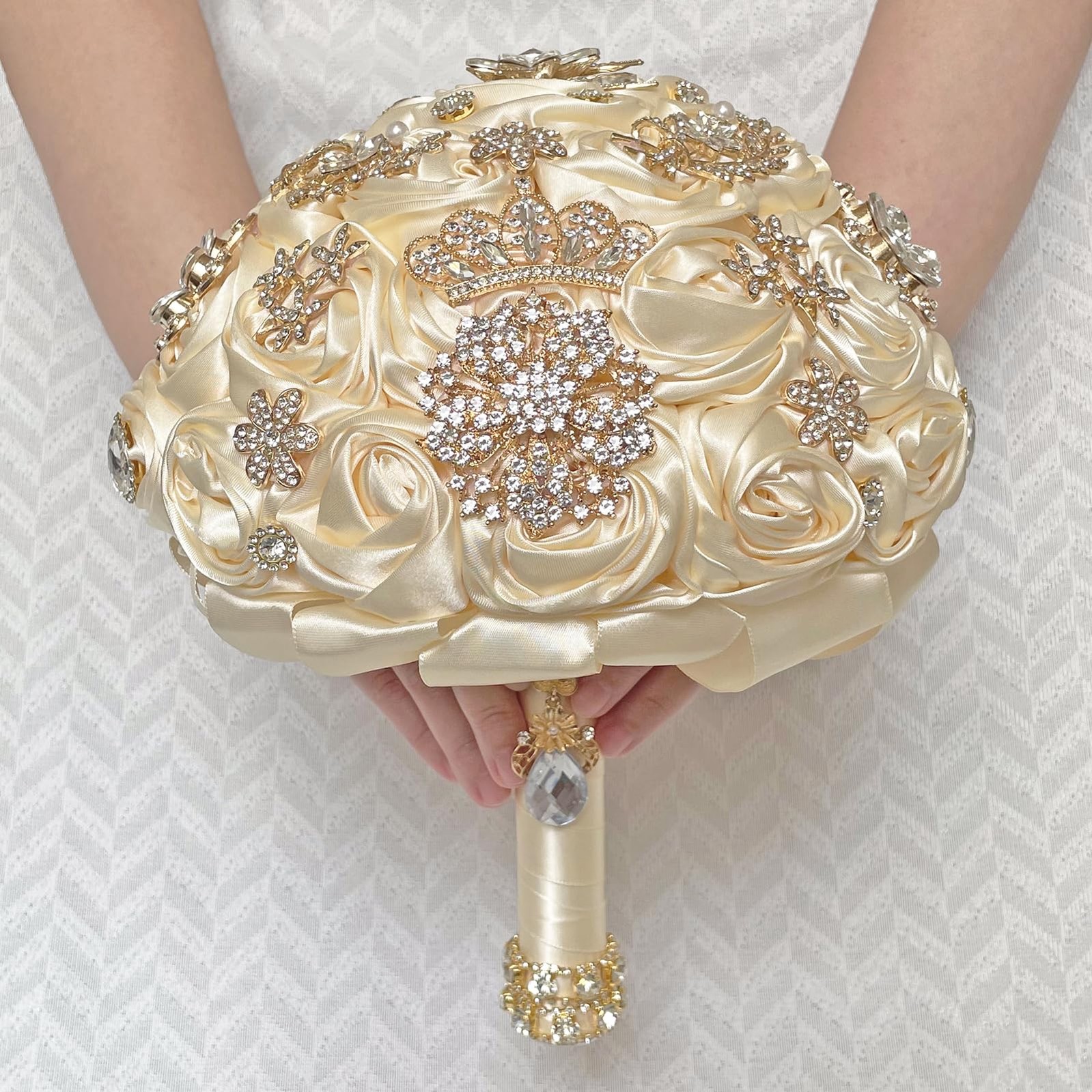 Handmade Satin Rose Floral Bling Pearl Decor Bridal Wedding Bouquet Rhineston…