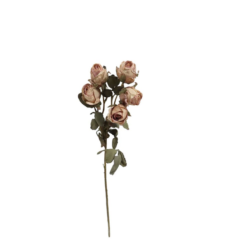 Dry Look Faux Silk Rustic Rose Flower and Leaf Stem 5 Heads 43cm/17in Pink Mauve