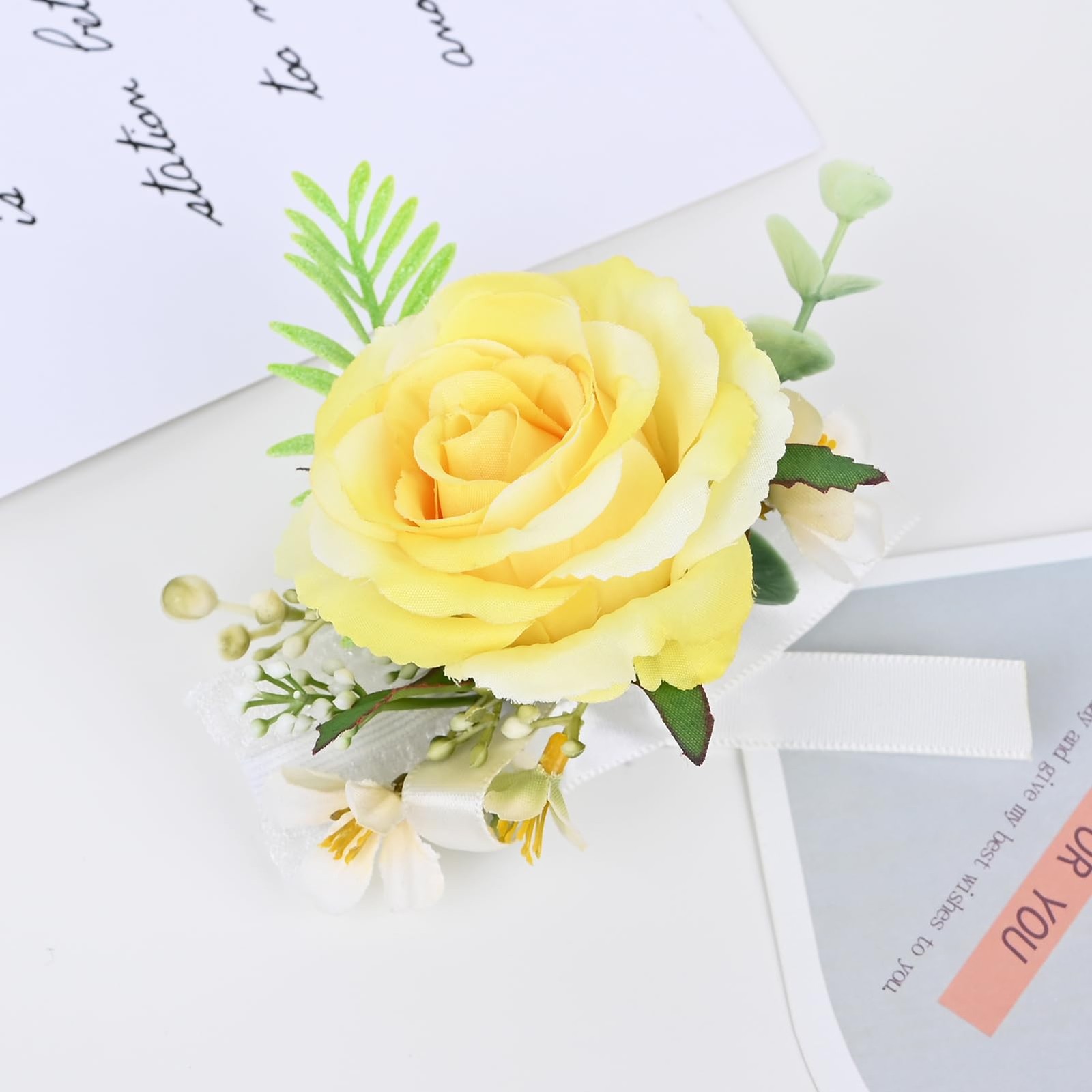 2 Pieces Artificial Flower Wrist Corsage and Boutonniere Set Yellow Wedding