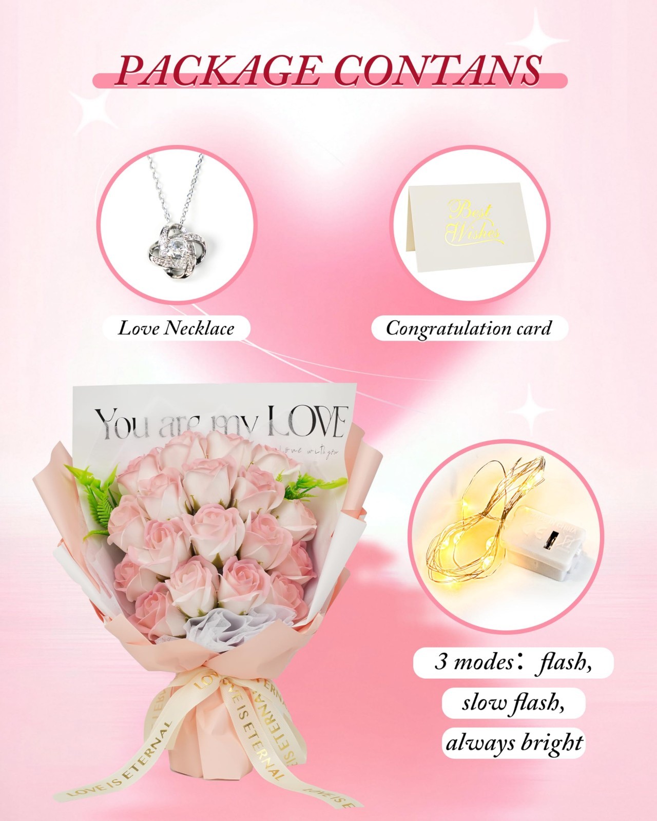 Artificial Roses Bouquet – 18 Preserved Flowers with Necklace – Unique Gift for