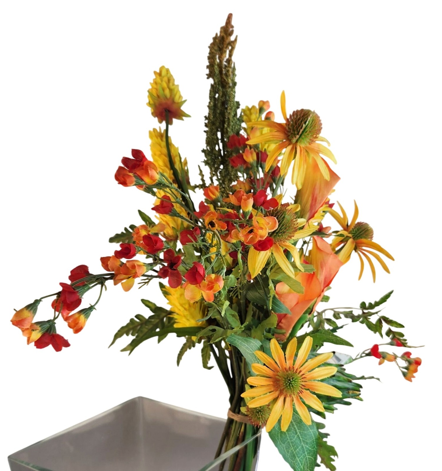 Artificial Flower Bouquet With Orange Calla Lilies, Yellow Cone Flowers Wild Mi