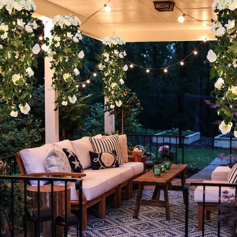 Vibrant White Artificial Rose Vines – 4pcs with 30 LED Lights for Celebrations