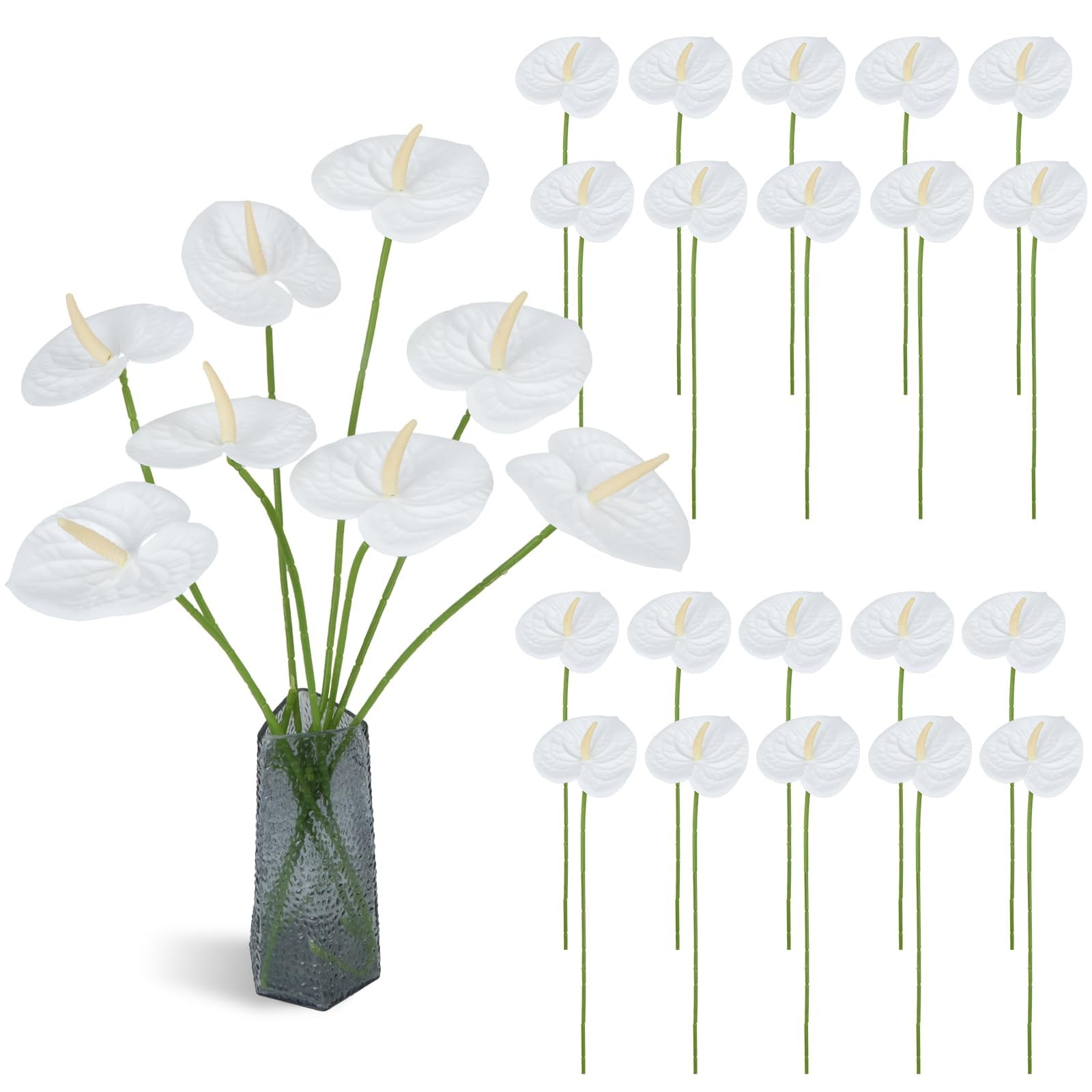 20 PCS White Faux Anthurium Artificial Tropical Flowers DIY 23.6 Inch Decor