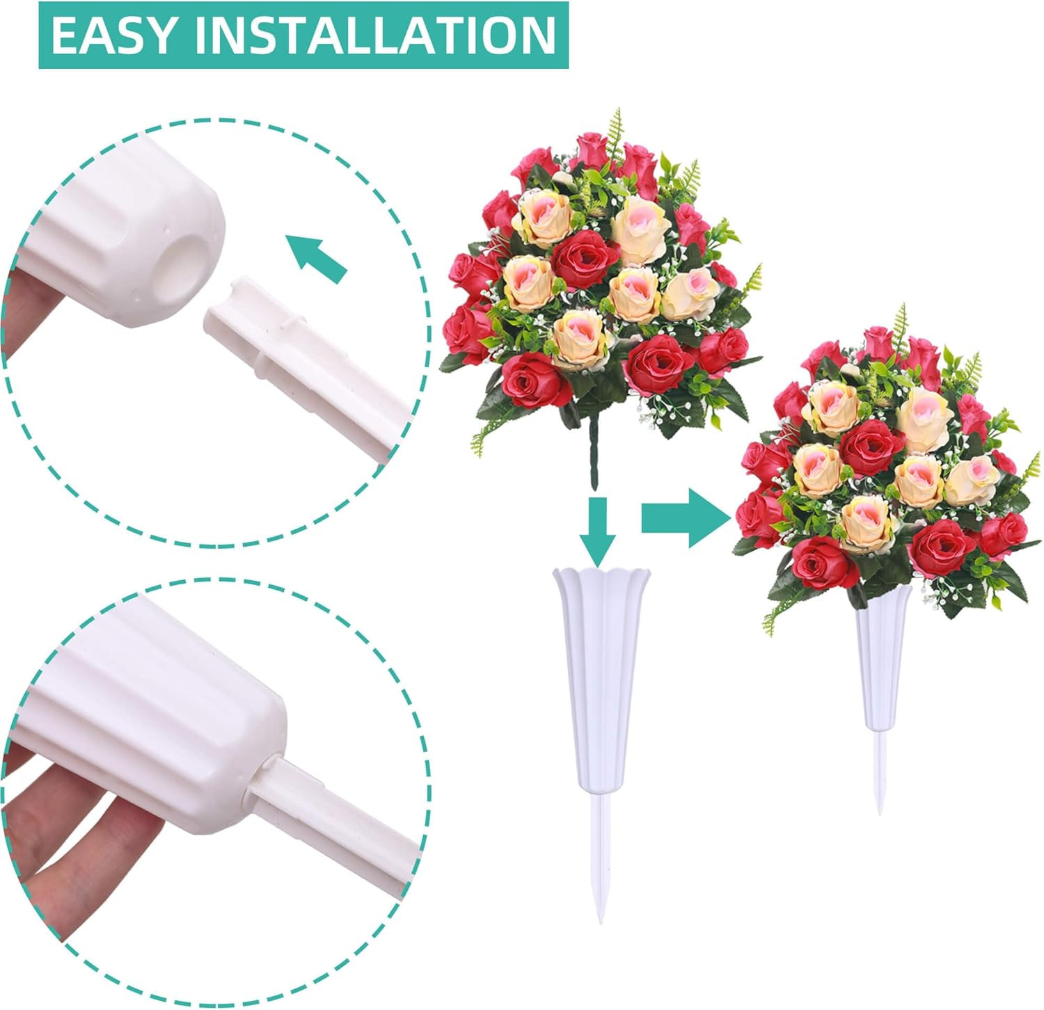 Lodou Artificial Cemetery Flowers,Set of 2 Grave Decorations Roses, Tombstone Me