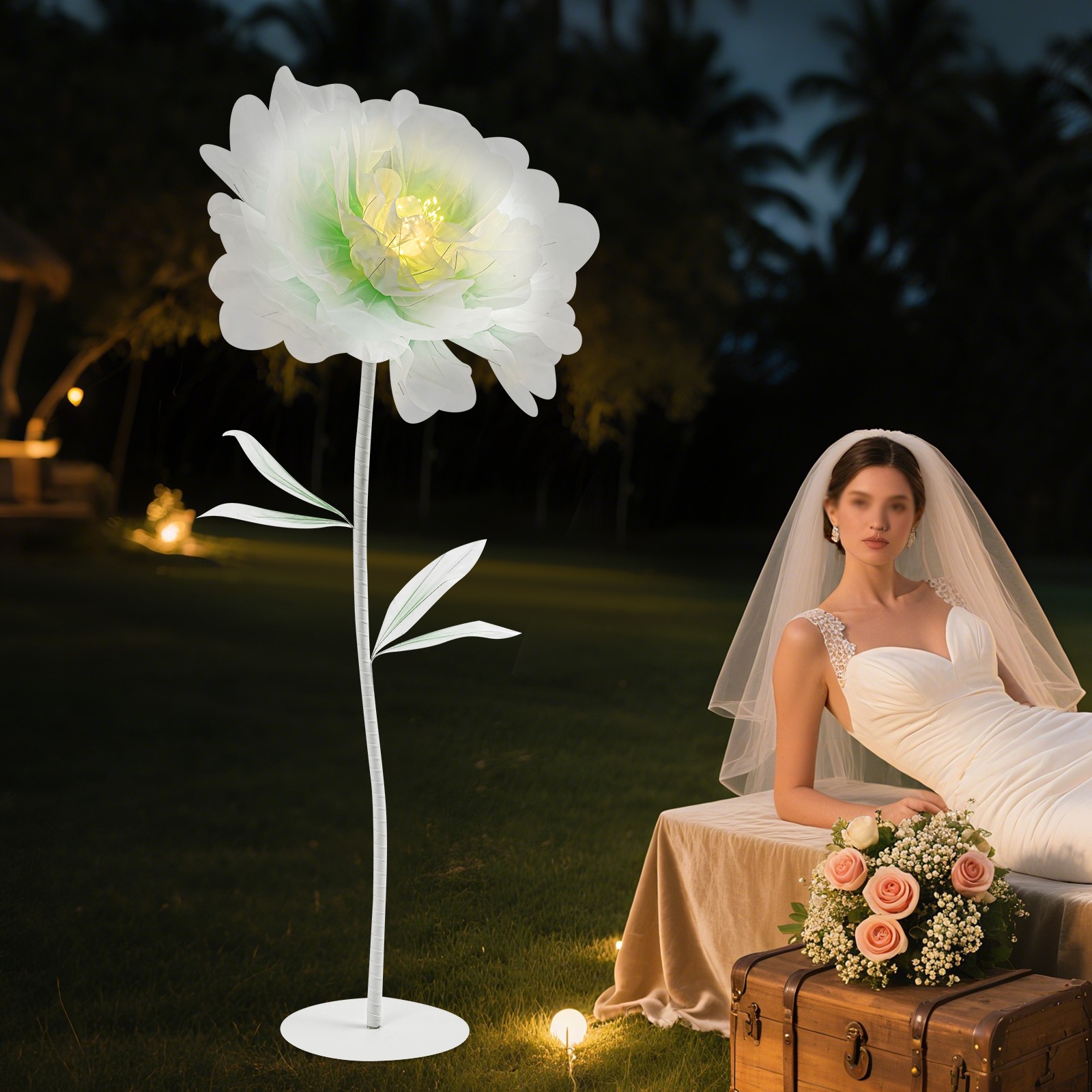 Auto-Open Artificial Flower with LED Light Green Floral Decor For Wedding Party