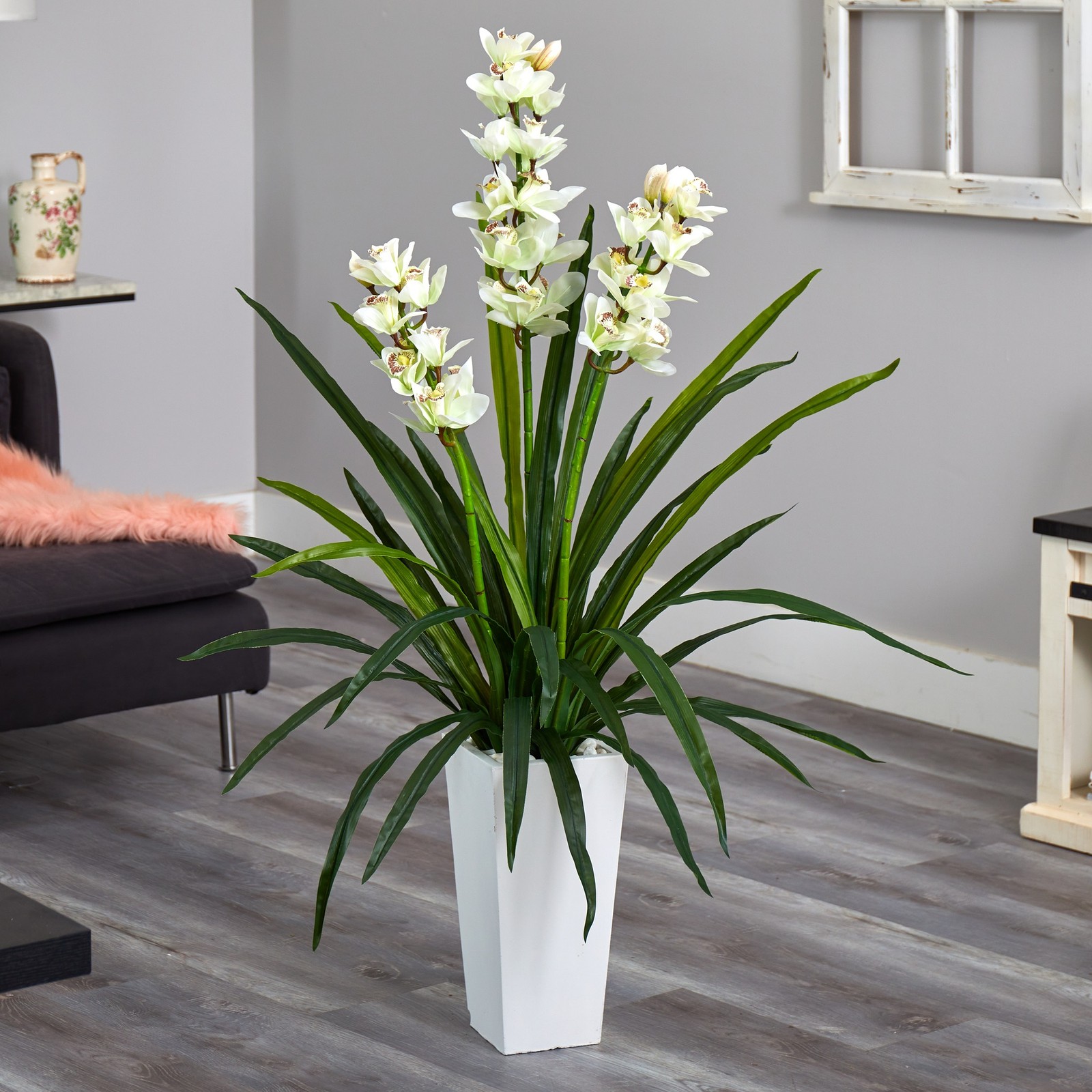 Nearly Natural 4.5ft Cymbidium Orchid Artificial Plant in White Tower Planter