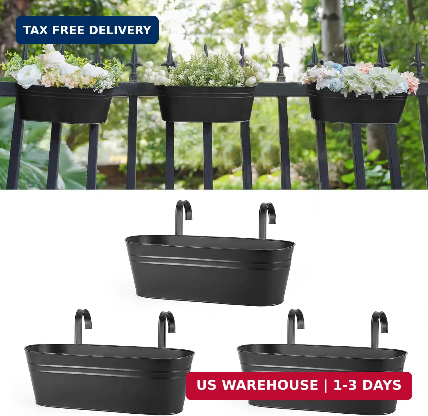 Dahey 3 Pcs Metal Hanging Flower Pots for Railing Fence Outdoor Planter 15.7 Inc