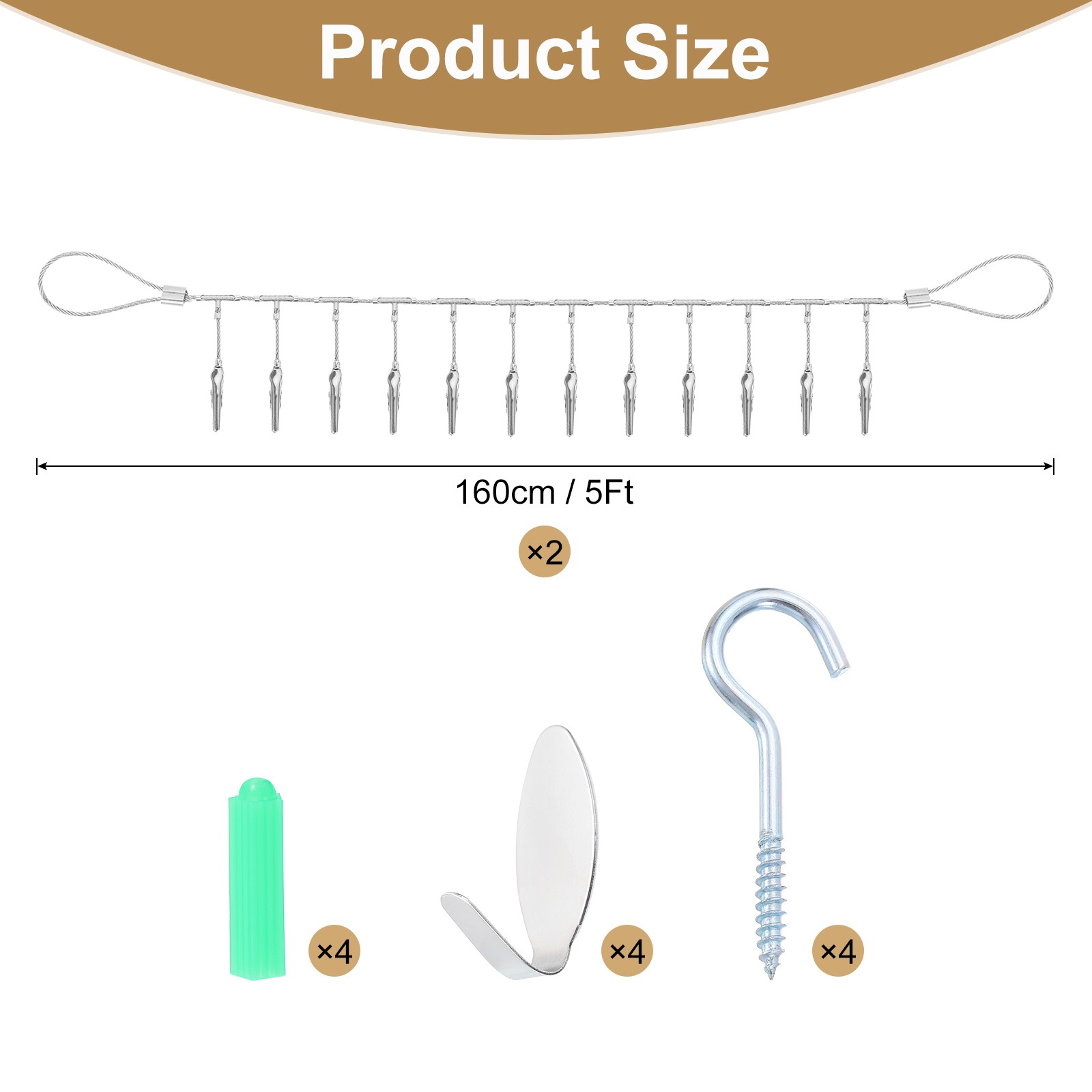 2pcs Wall Hanging Photo Display Cable Wire Rod with 20 Alligator Clips, Silver