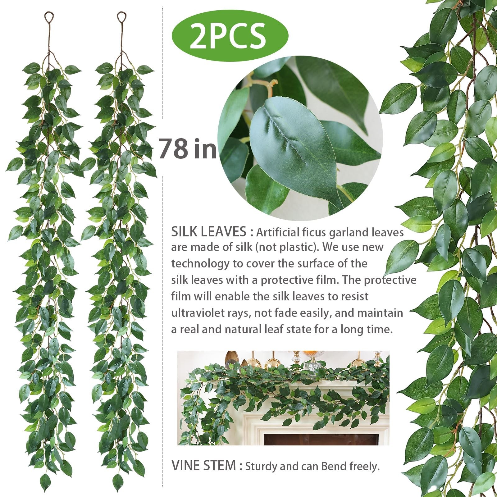 2 Strands Artificial Vines Ficus Garland 78″ Fake Vine with Silk Green Leaves…