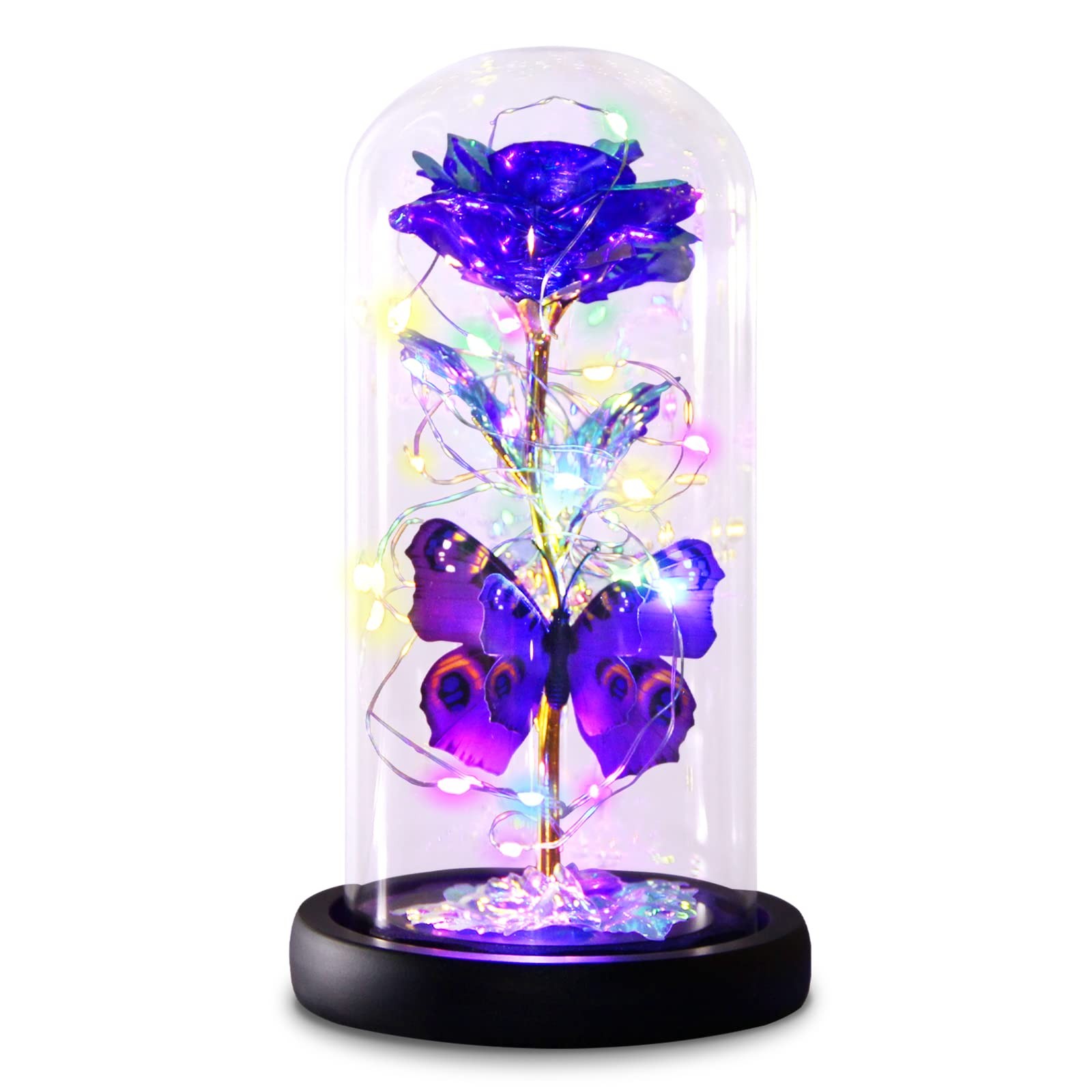 Mothers Day Rose Gifts for Mom, Galaxy Purple Butterfly Rose in Glass Dome, L…
