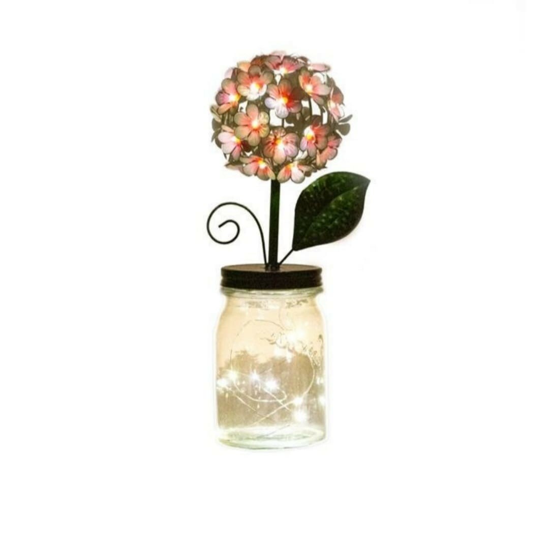 LED Lighted Metal Hydrangea in Jar with fairy light, Ultimate In.. Pink. Q8