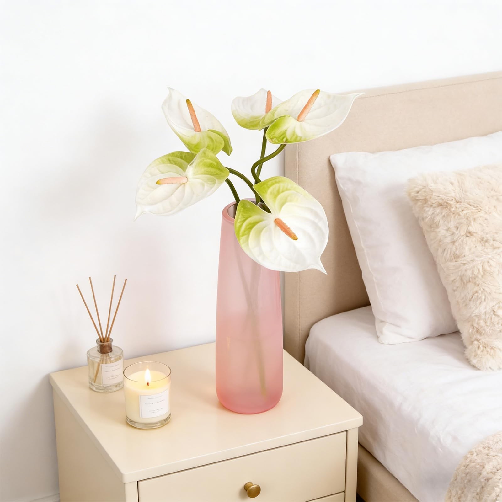 6 PCS 25.2 Inch Anthurium Artificial Flowers White Faux Silk Real Touch