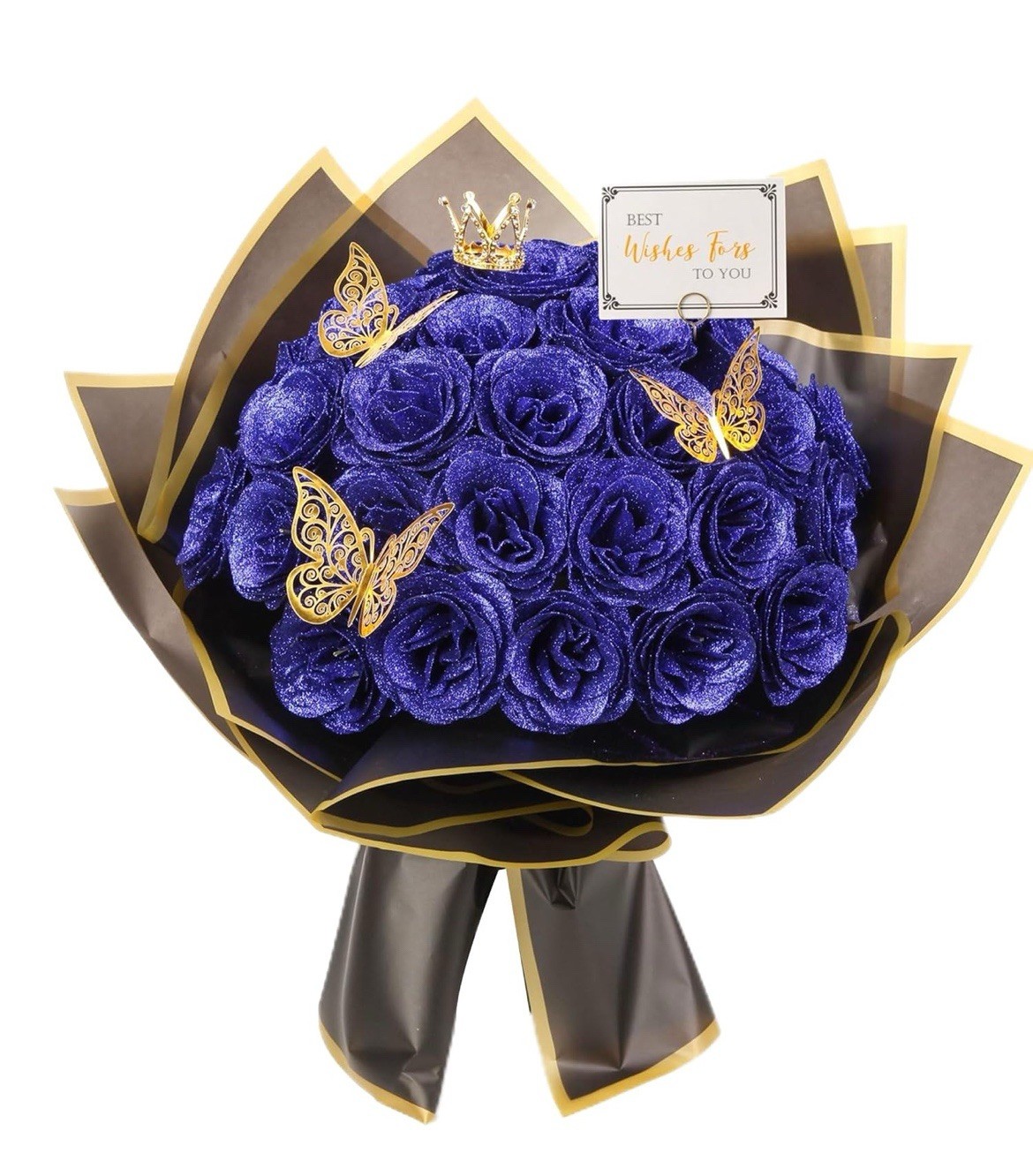 Blue Glitter Roses Bouquet, DIY Fake Flowers Bouquet, Everlasting Shiny Artifici