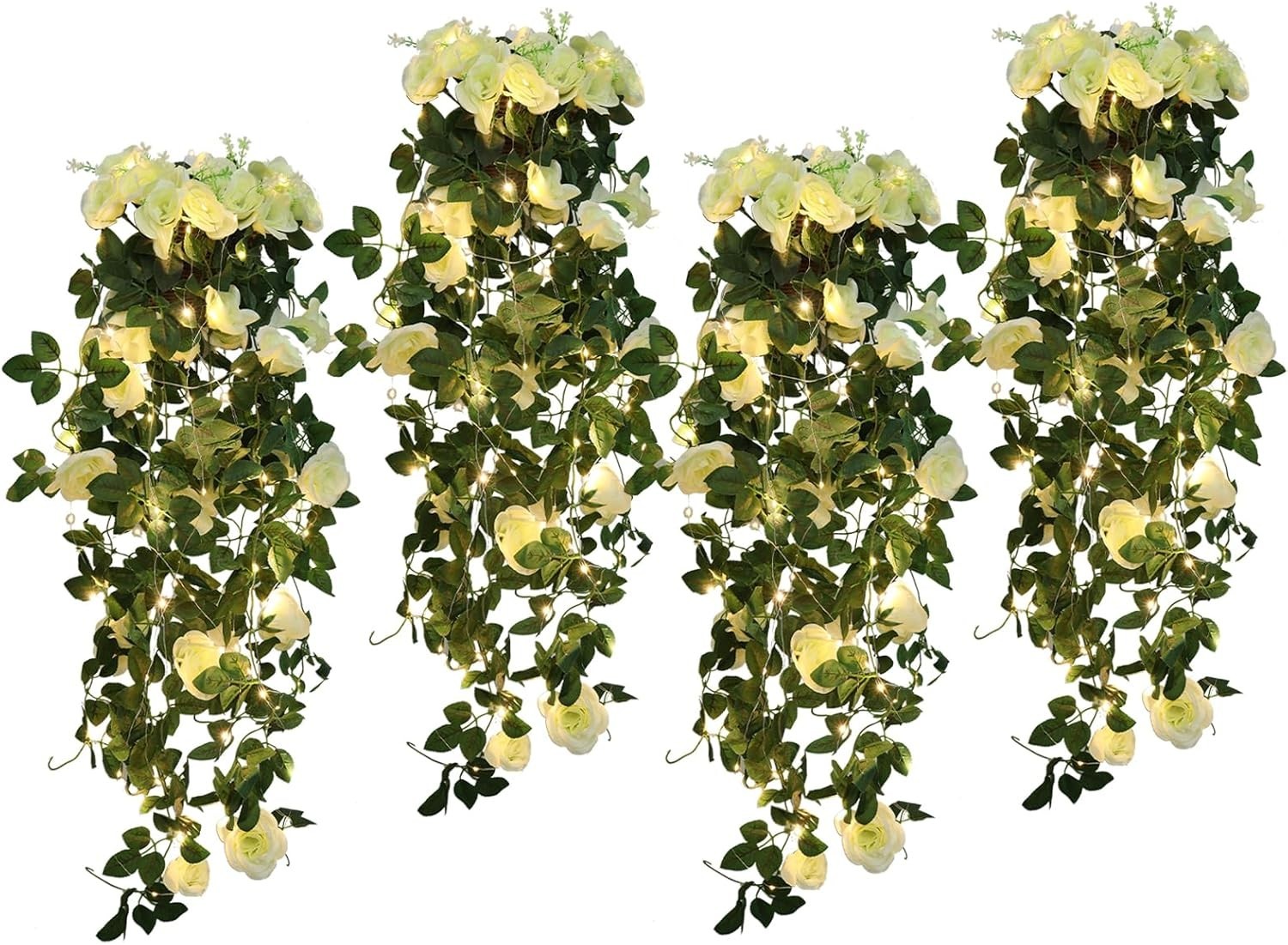 Vibrant White Artificial Rose Vines – 4pcs with 30 LED Lights for Celebrations
