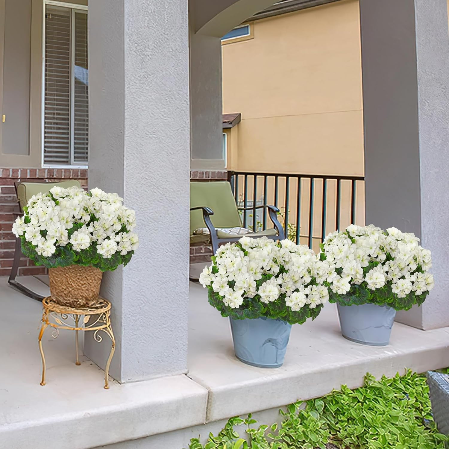 Fake Flowers 2PCS 17.3In Artificial Geraniums for Outdoors Realistic White
