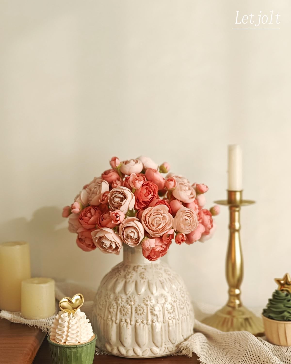 18 PCS Deep Pink Artificial Ranunculus Silk Flowers Wedding Bouquet Decor